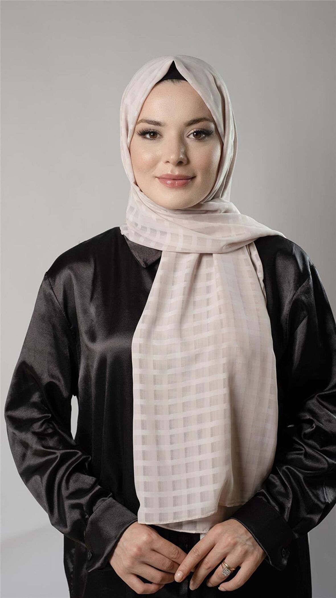 Koyu Bej Desenli Şal Şifon Kumaş Kareli Çizgili 202107_44