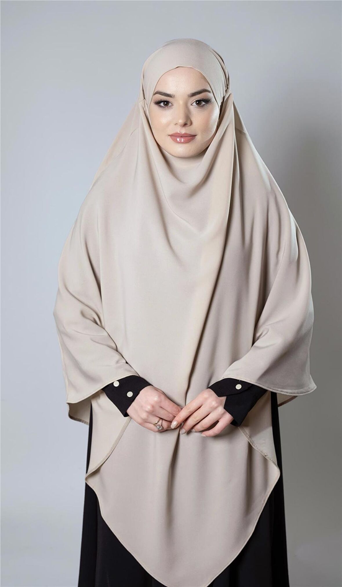 Bej Pratik Hazır Geçmeli Tesettür Eşarp Medine İpeği Bağcıklı Sufle Hijab 2301_12