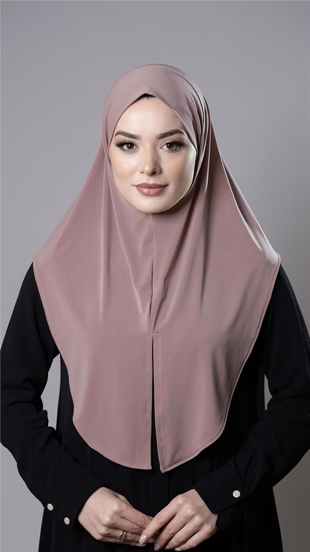Pudra Pratik Hazır Geçmeli Tesettür Eşarp Sandy Kumaş Yırtmaçlı Düz Hijab 2310_06