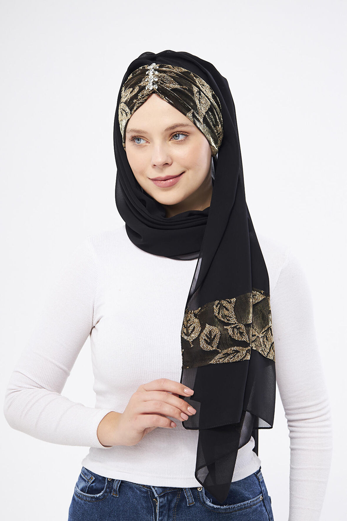 Siyah Taşlı Arkadan Bağlamalı Şal Şifon Çiçek Desenli 2319_01