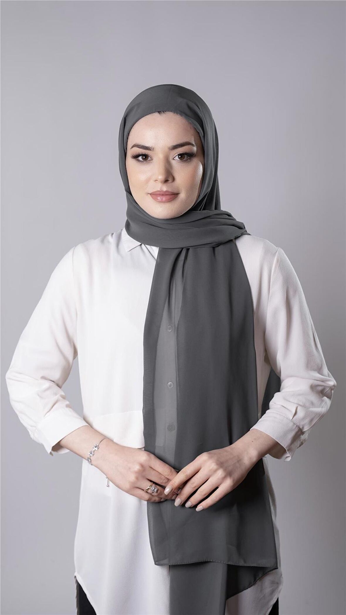 Antrasit Pratik Hazır Geçmeli Şal Şifon Kumaş Hijab Bone 3009_25