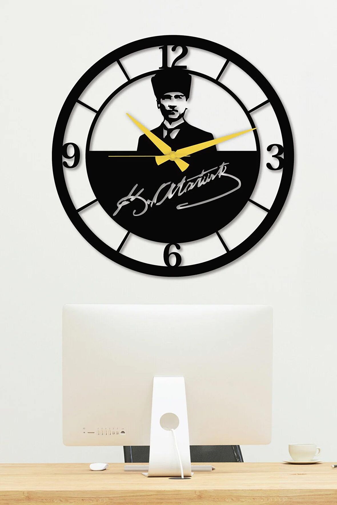Atatürk Portreli Imzalı Siyah Metal Duvar Saati - Ev & Ofis Saati - Hediye Saat 60 X 60 Cm