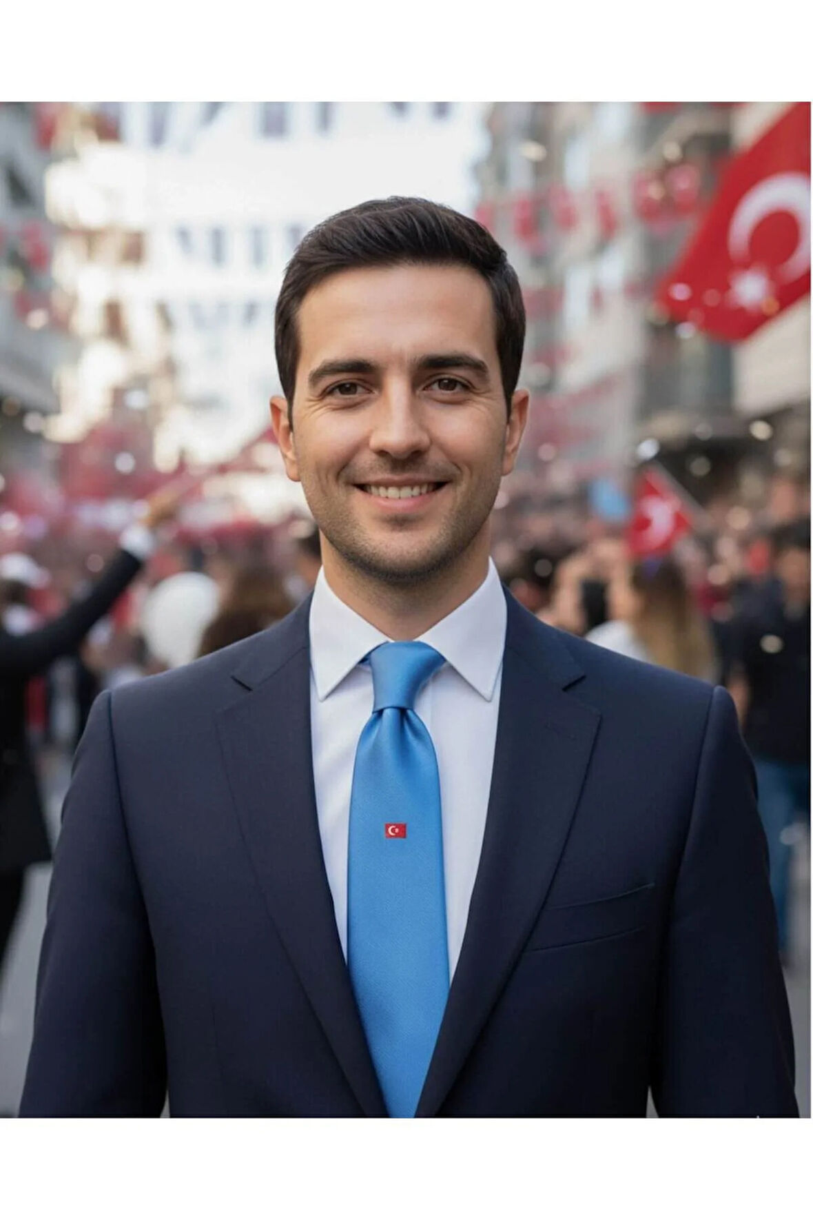 Ahşap Hediye Kutulu Türk Bayrağı Desenli Mavi Ipek Kravat