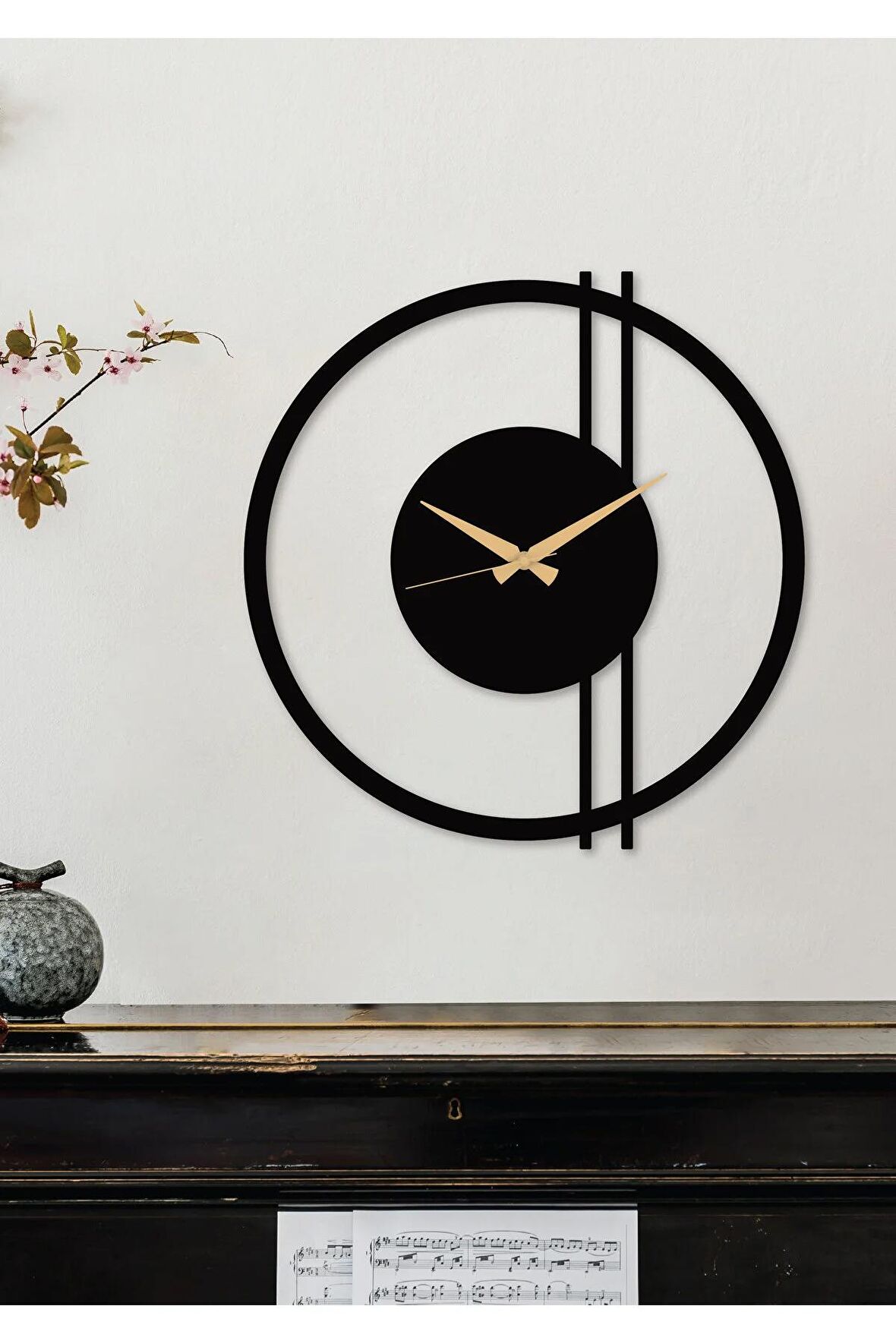 Double Line Metal Siyah Duvar Saati - Ev / Ofis Saati - Hediye Saat - 100 x 97 Cm