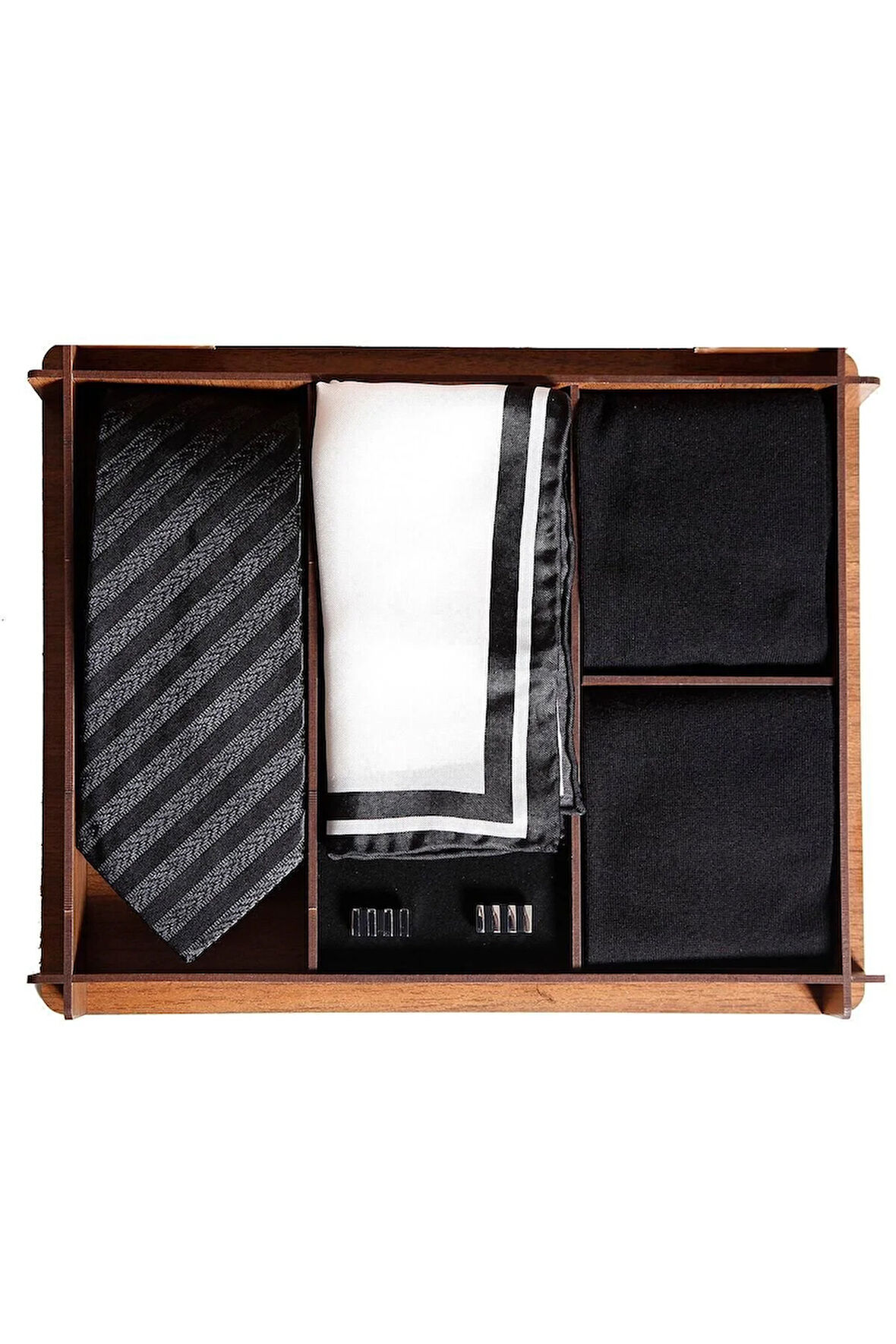 Ahşap Hediye Kutulu Ipek Kravat Ipek Mendil Metal Kol Düğmesi Bambu Çoraplı Erkek Hediye Seti