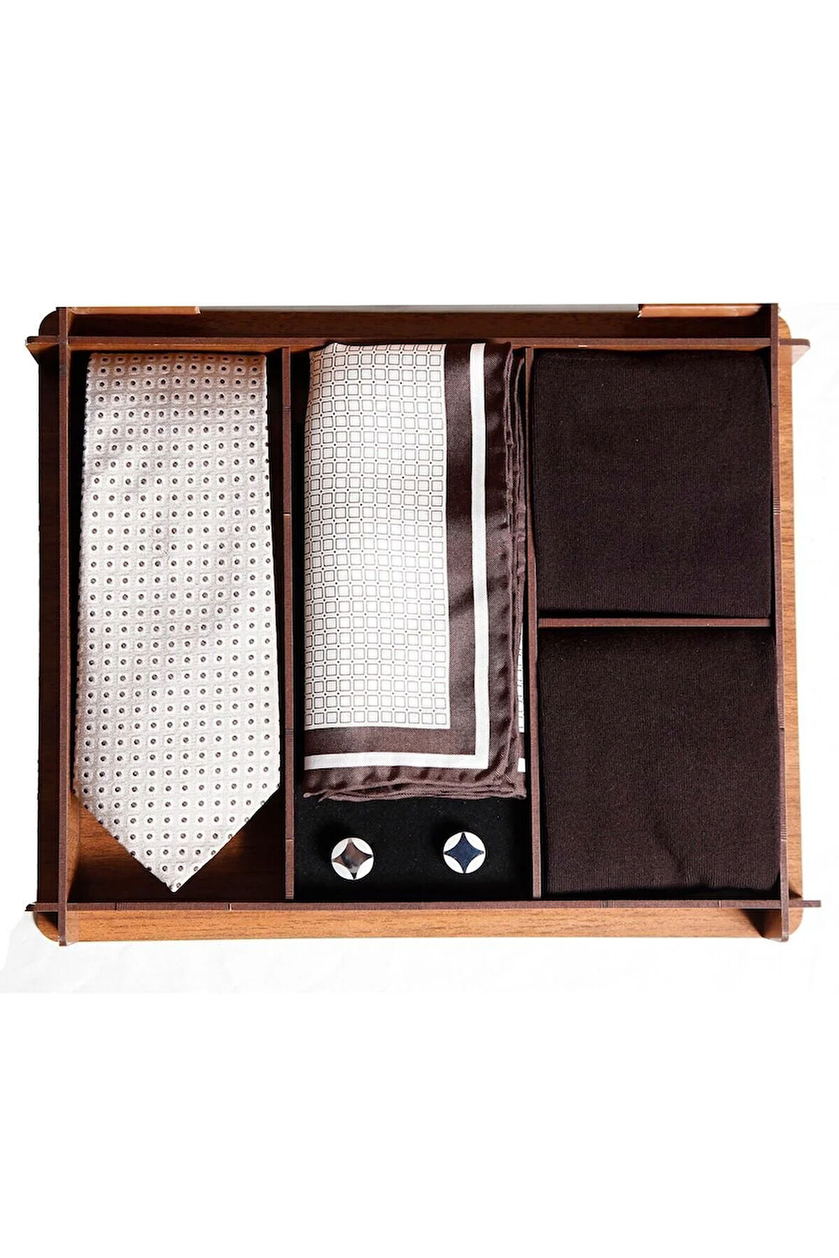 Ahşap Hediye Kutulu Ipek Kravat Ipek Mendil Metal Kol Düğmesi Bambu Çoraplı Erkek Hediye Seti