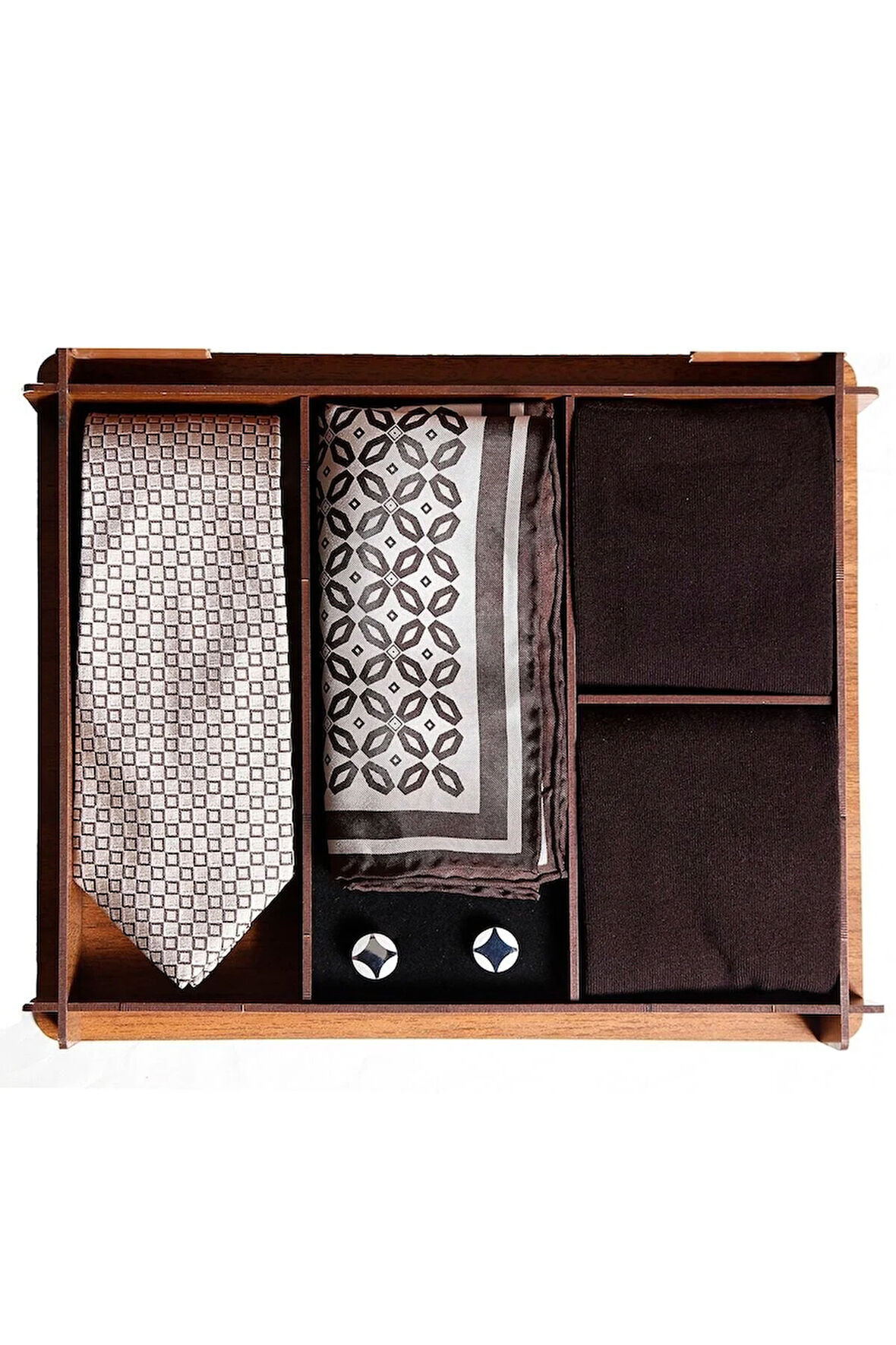 Ipek Kravat Ipek Mendil Metal Kol Düğmesi Bambu Çoraplı Erkek Hediye Seti