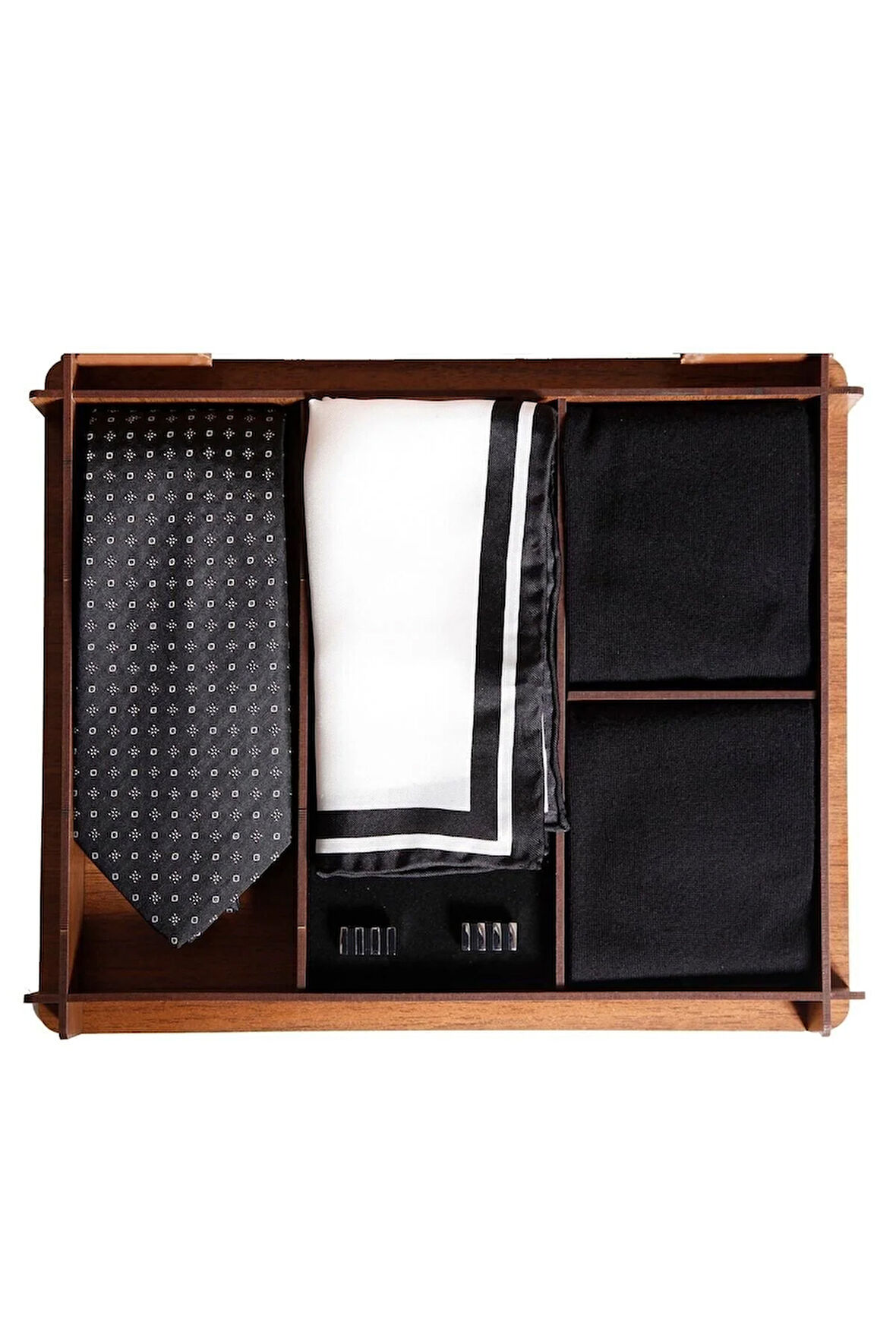 Erkek Aksesuar Seti - Ipek Kravat, Ipek Mendil, Kol Düğmeleri, Bambu Çorap