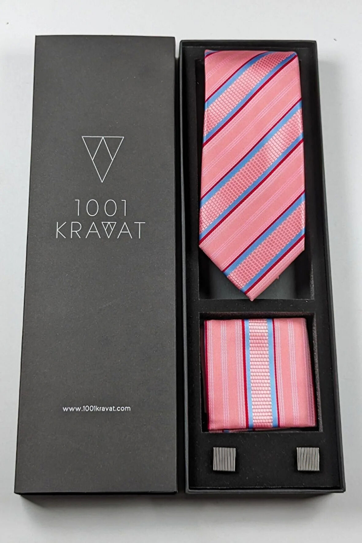 Mendilli Pembe Kravat Ve Kol Düğmeli Erkek Hediye Seti