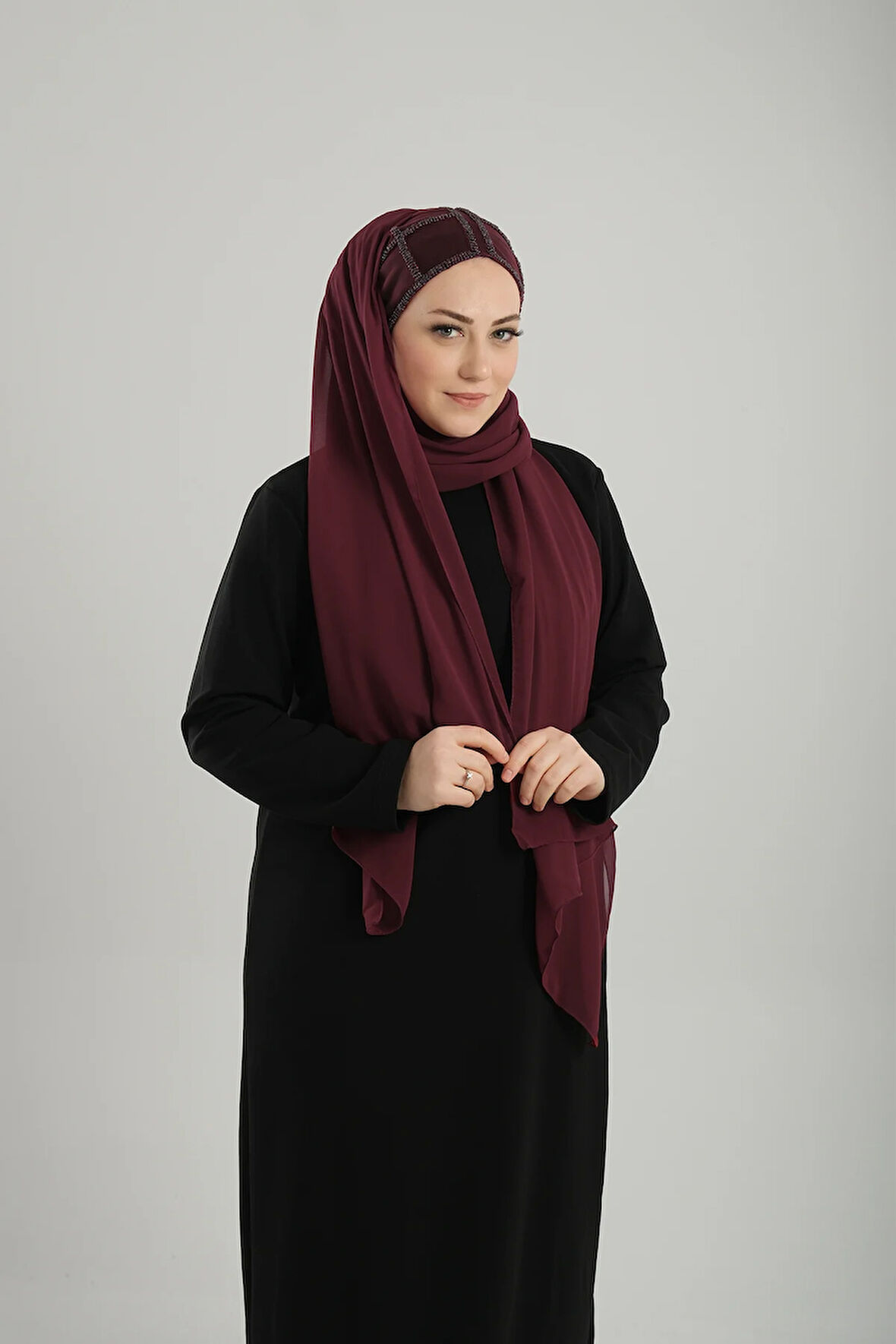 Bordo Arkadan Bağlamalı Abiye Şal Şifon Kare Desenli Taşlı 1900_16