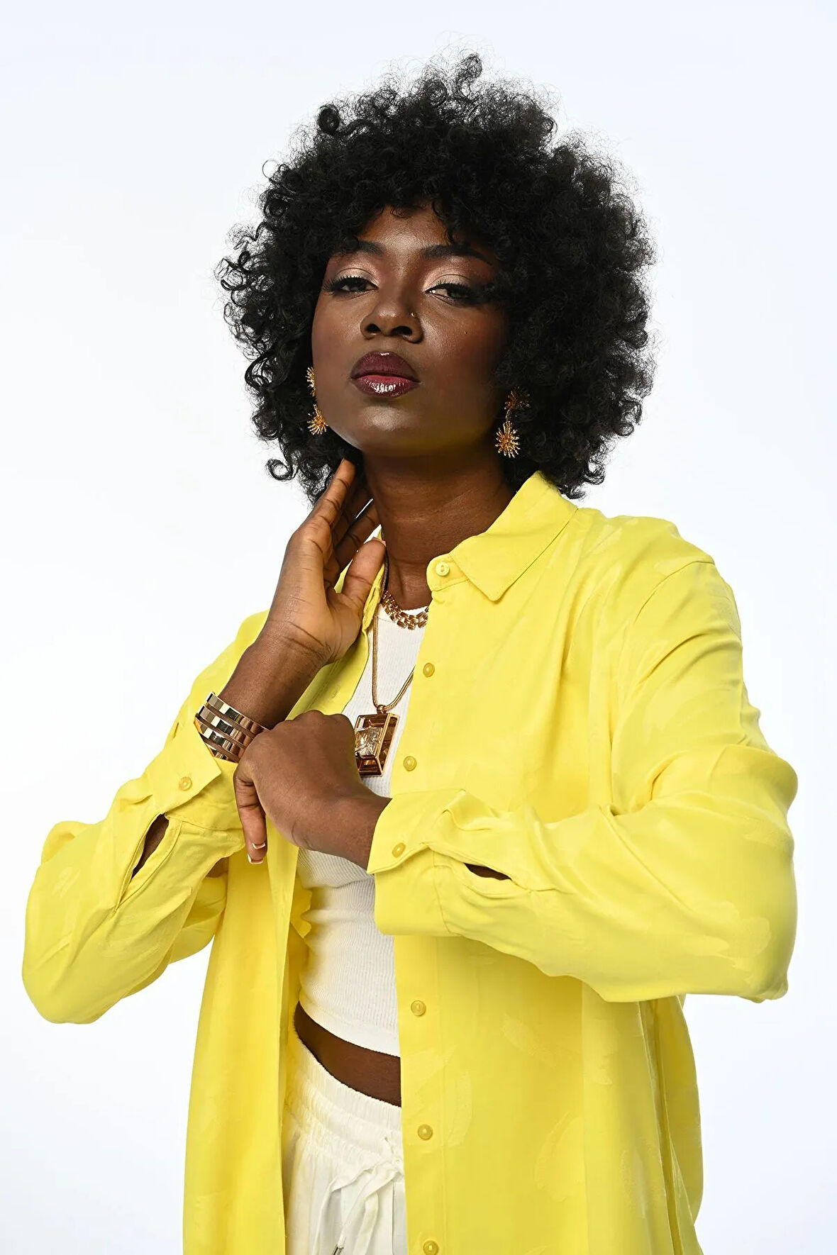 Kadın Oversıze Kalıp Jakarlı Sarı Gömlek