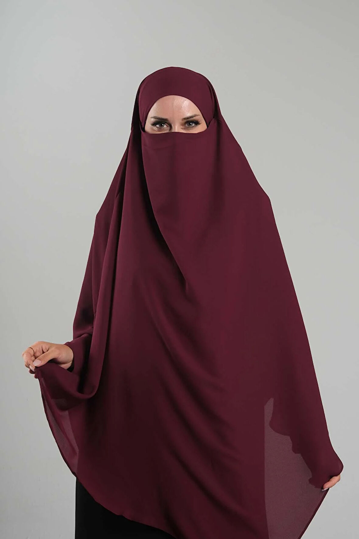 Bordo Pratik Hazır Geçmeli Tesettür Eşarp Krep Bağcıklı Sufle Hijab 2313_16