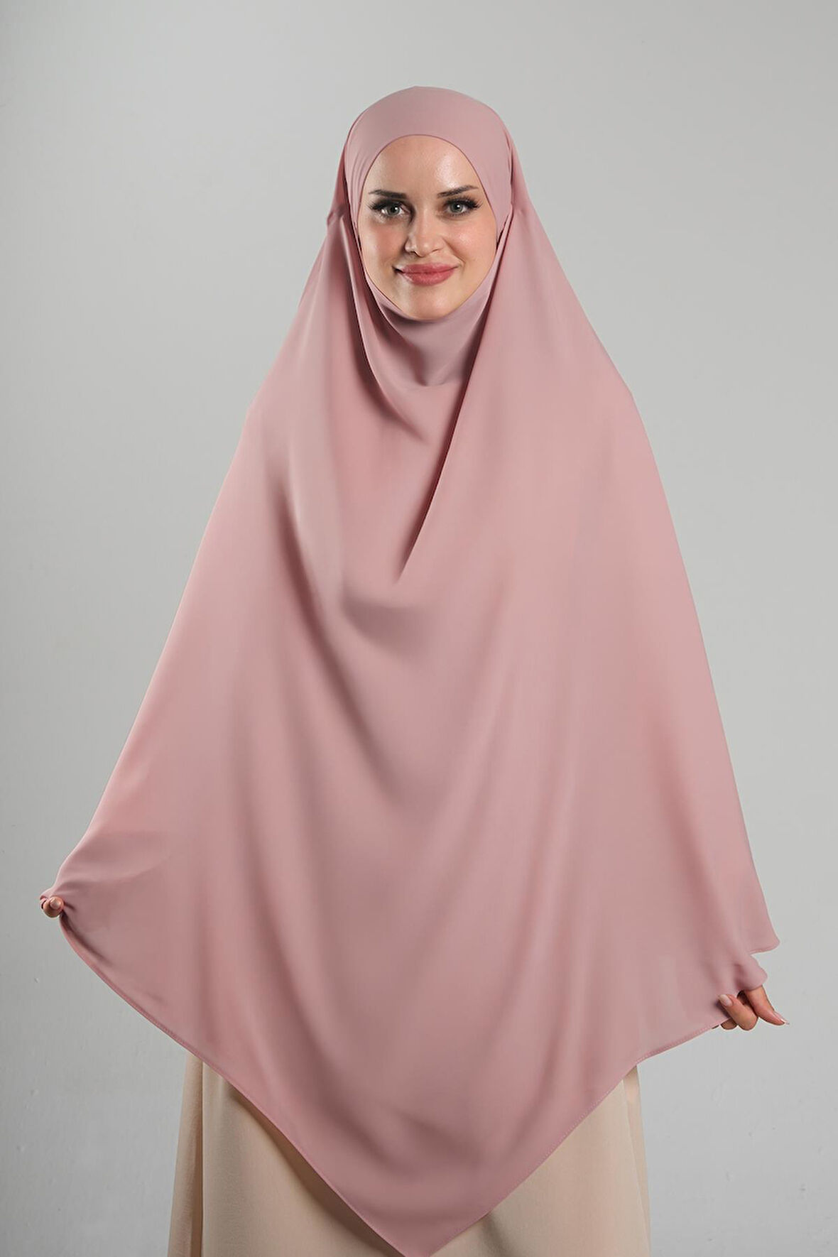 Pudra Pratik Hazır Geçmeli Tesettür Eşarp Krep Bağcıklı Çift Katlı Sufle Hijab 2314_06