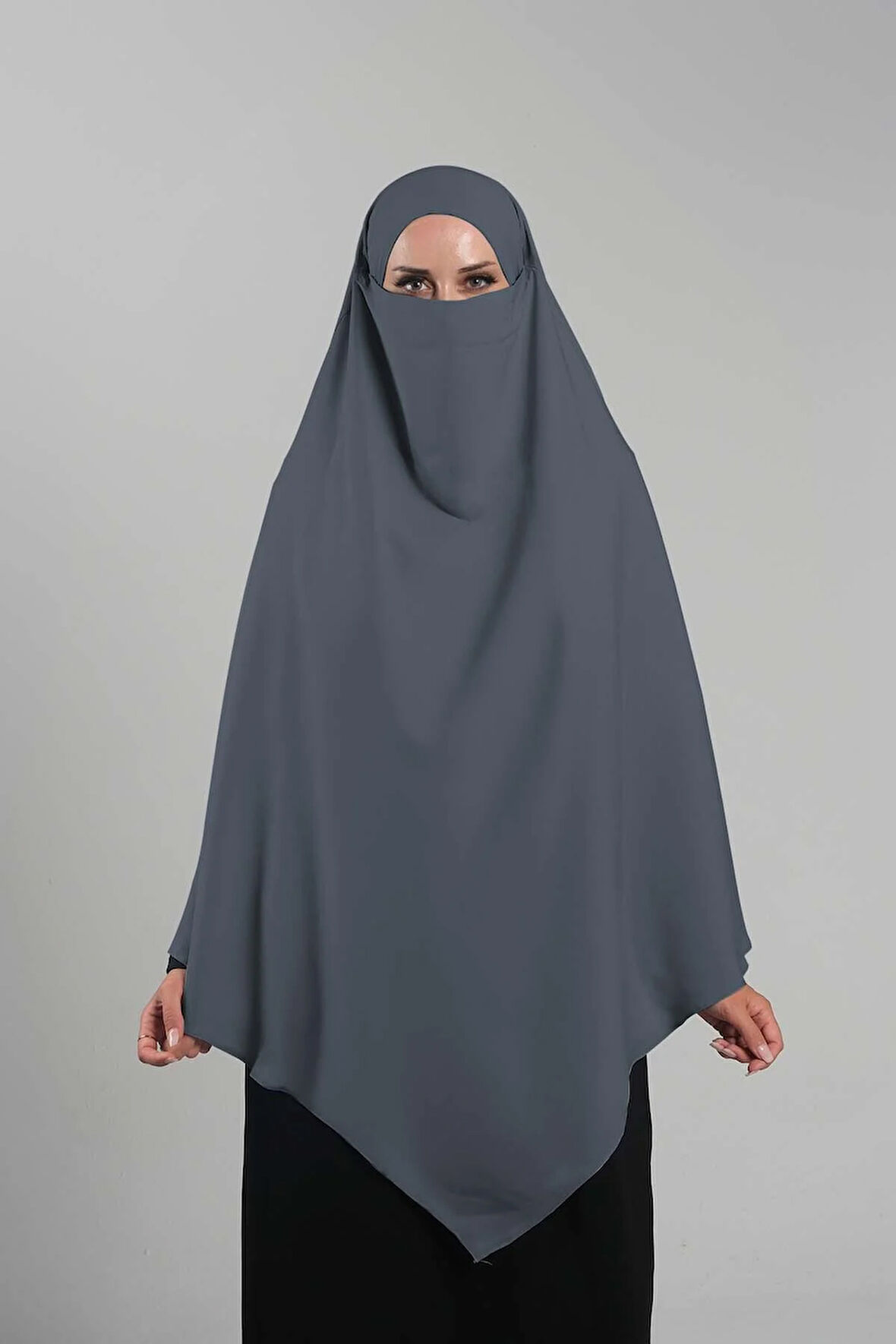 Antrasit Pratik Hazır Geçmeli Tesettür Eşarp Krep Bağcıklı Çift Katlı Sufle Hijab 2314_25