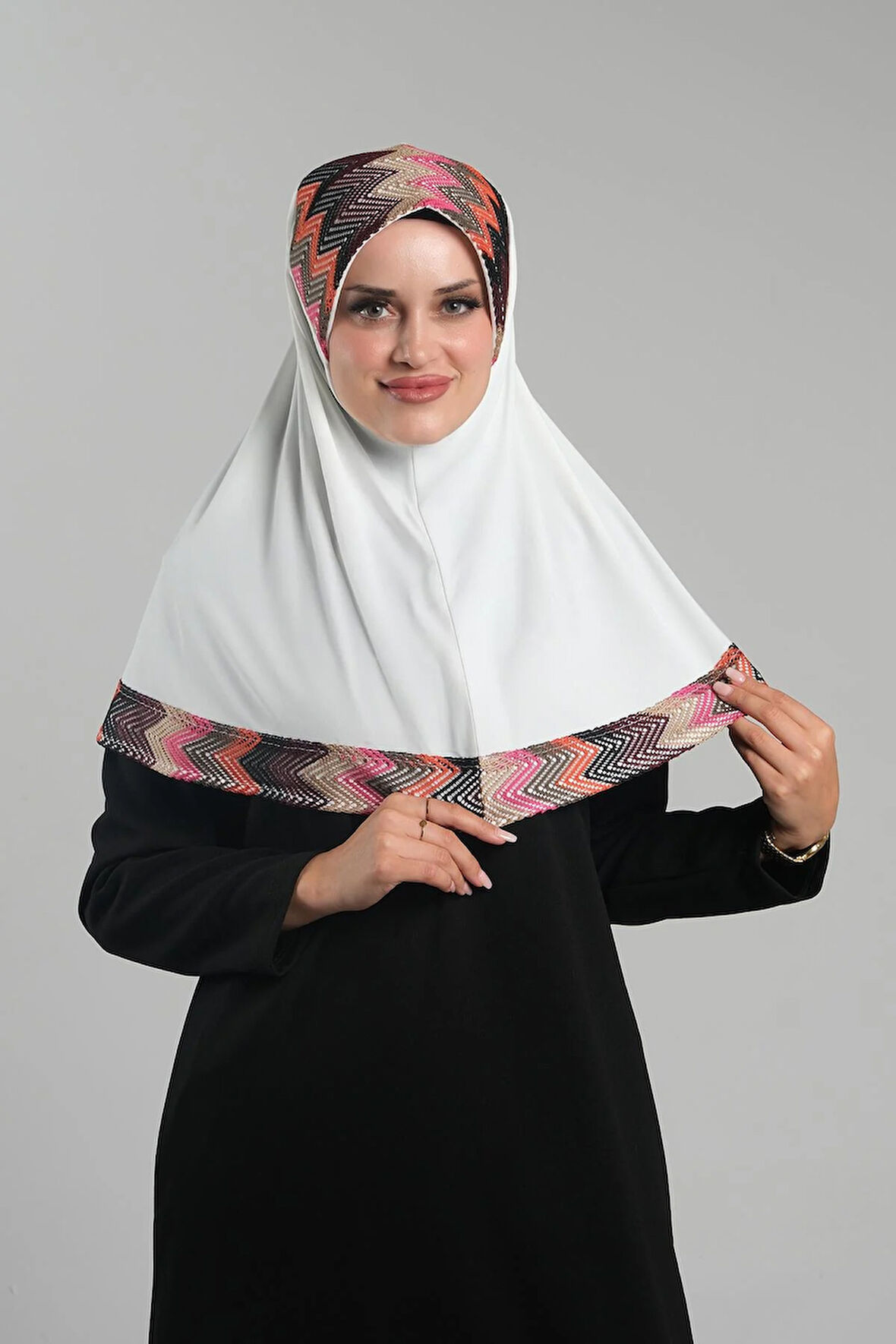 Krem Pratik Hazır Geçmeli Tesettür Eşarp Sandy Renkli Desenli Fileli 2401_40
