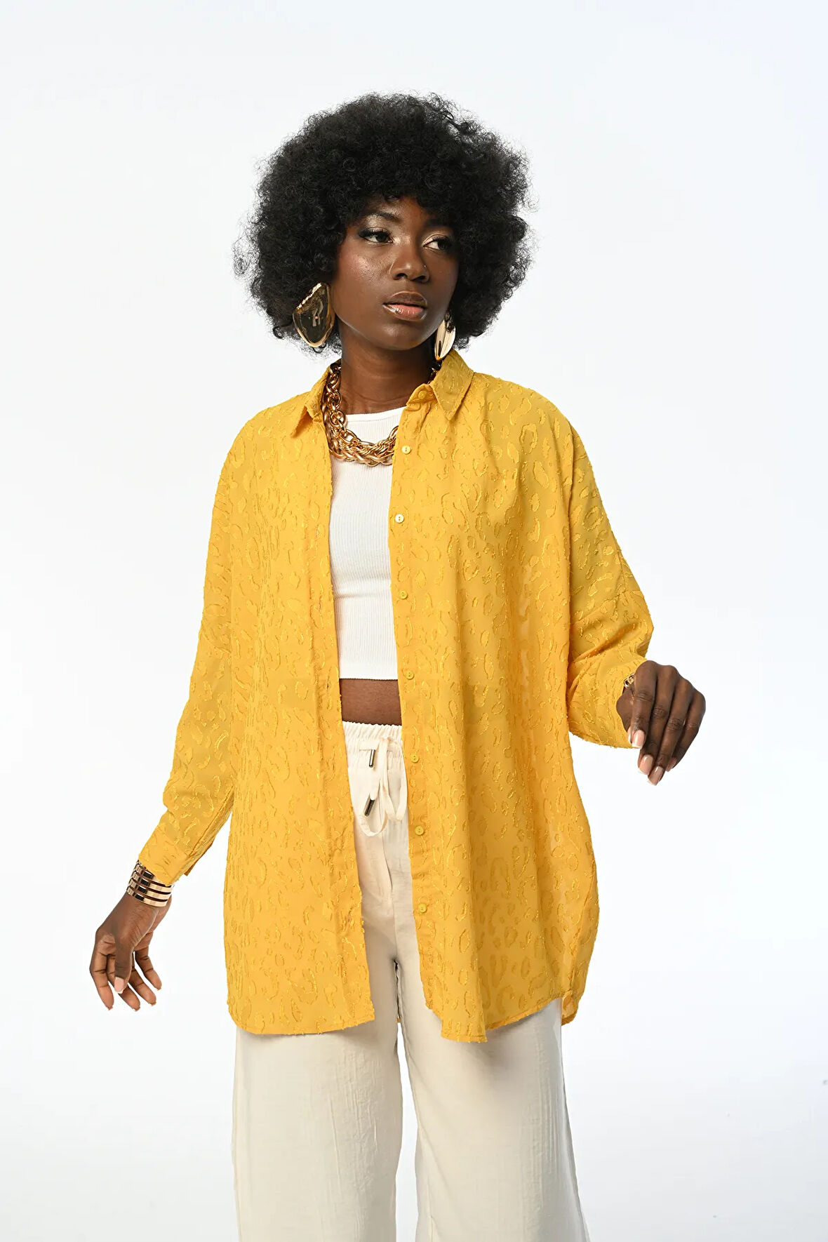 KADIN OVERSIZE DESENLİ ŞİFON İNCE GÖMLEK