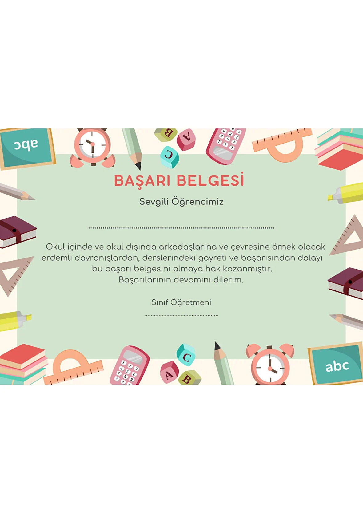 35 Adet A4 Boyutunda Öğrenci Başarı Belgesi - Anaokul - İlkokul Başarı Belgesi (Model 1)