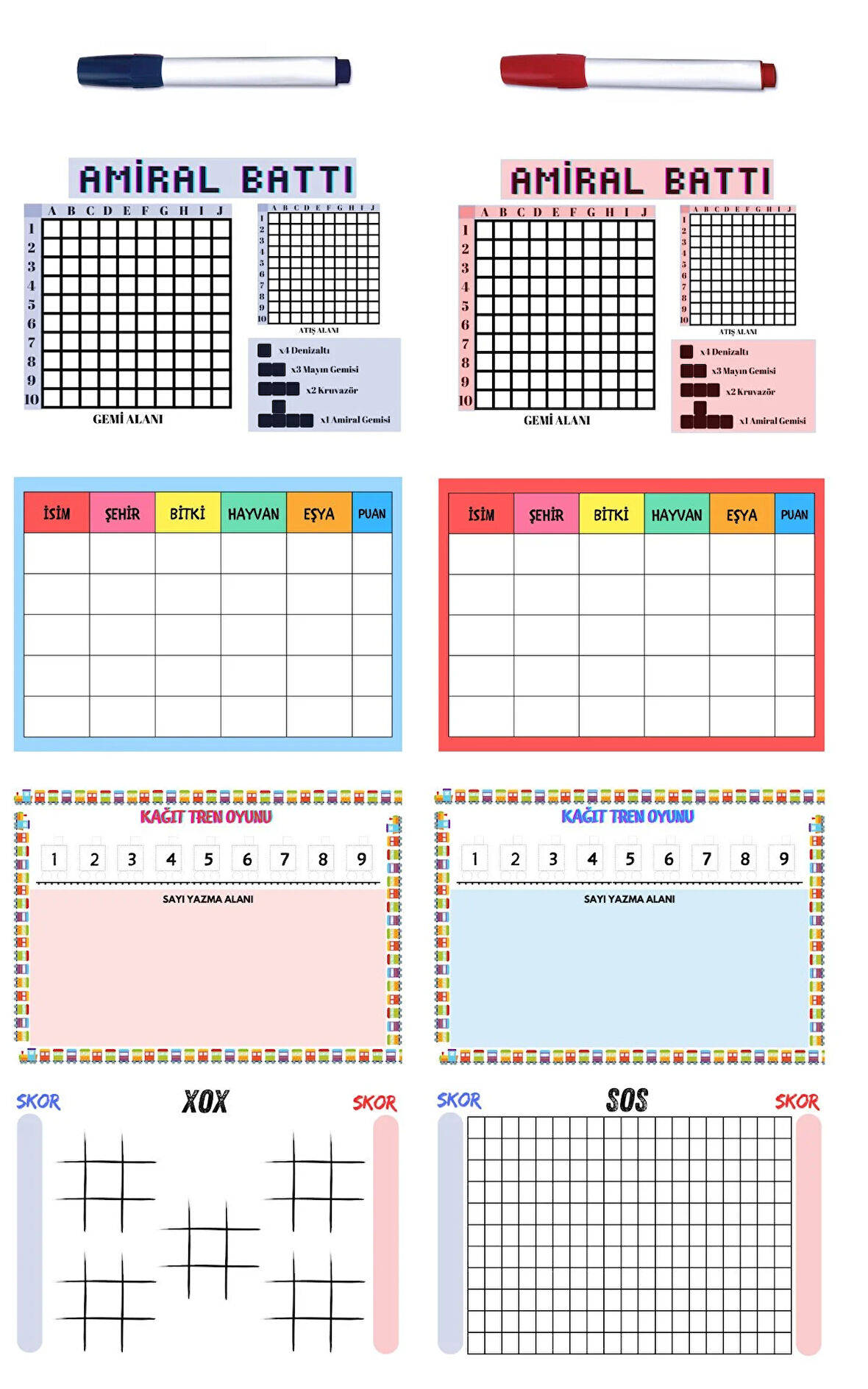 5'li Oyun Seti-Kalem Hediyeli (İsim Şehir, Amiral Battı, Kağıt Tren, XOX, SOS)
