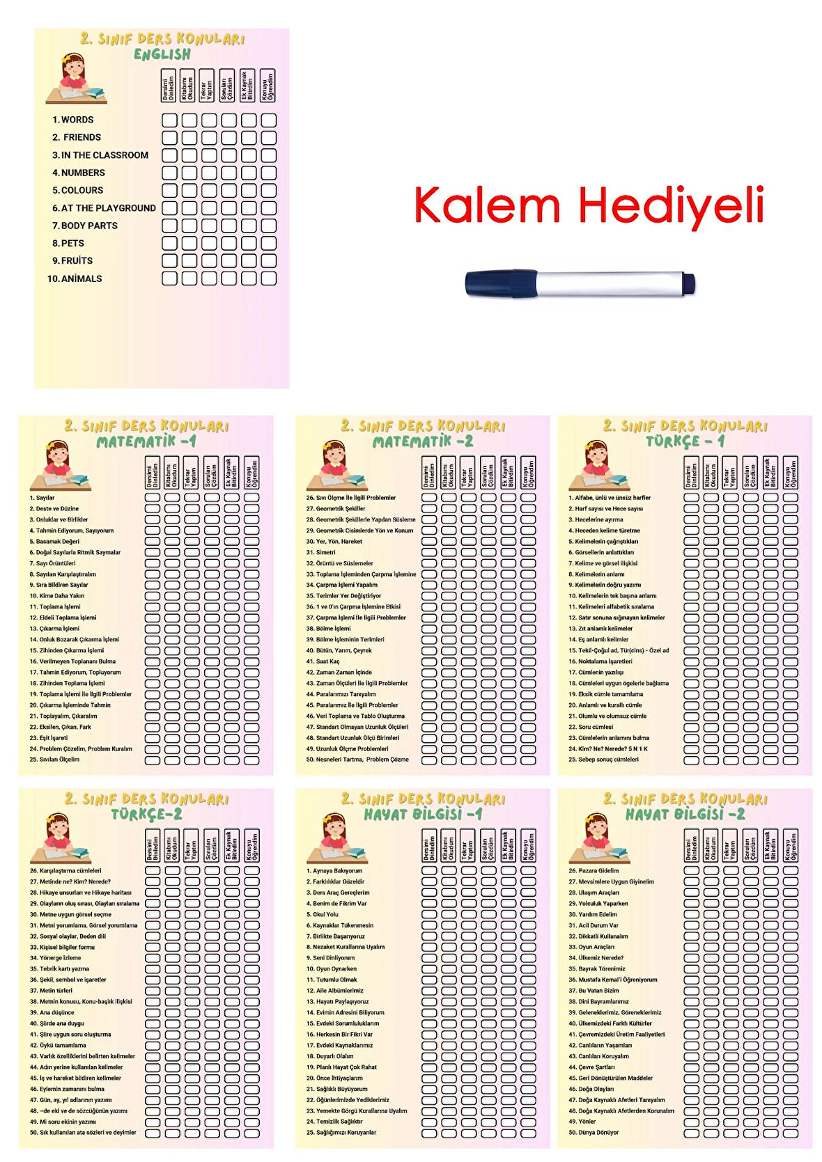 İlkokul 2.Sınıf Ders Takip Programı - Kalem Hediyeli (Kız)