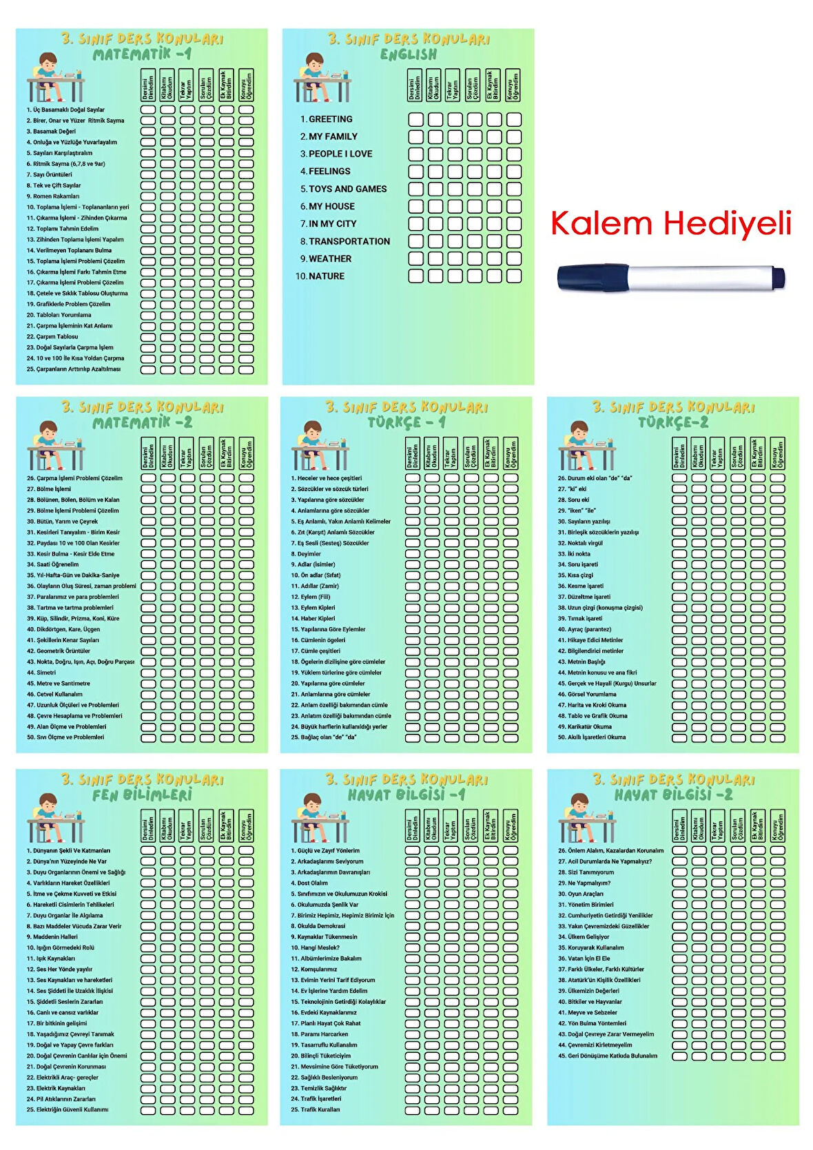 İlkokul 3.Sınıf Ders Takip Programı - Kalem Hediyeli (Erkek)