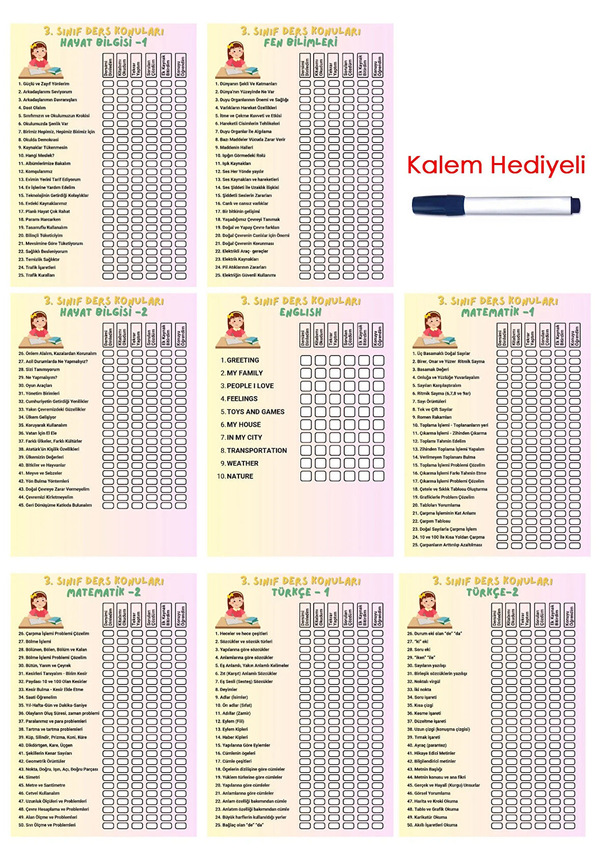 İlkokul 3.Sınıf Ders Takip Programı - Kalem Hediyeli (Kız)