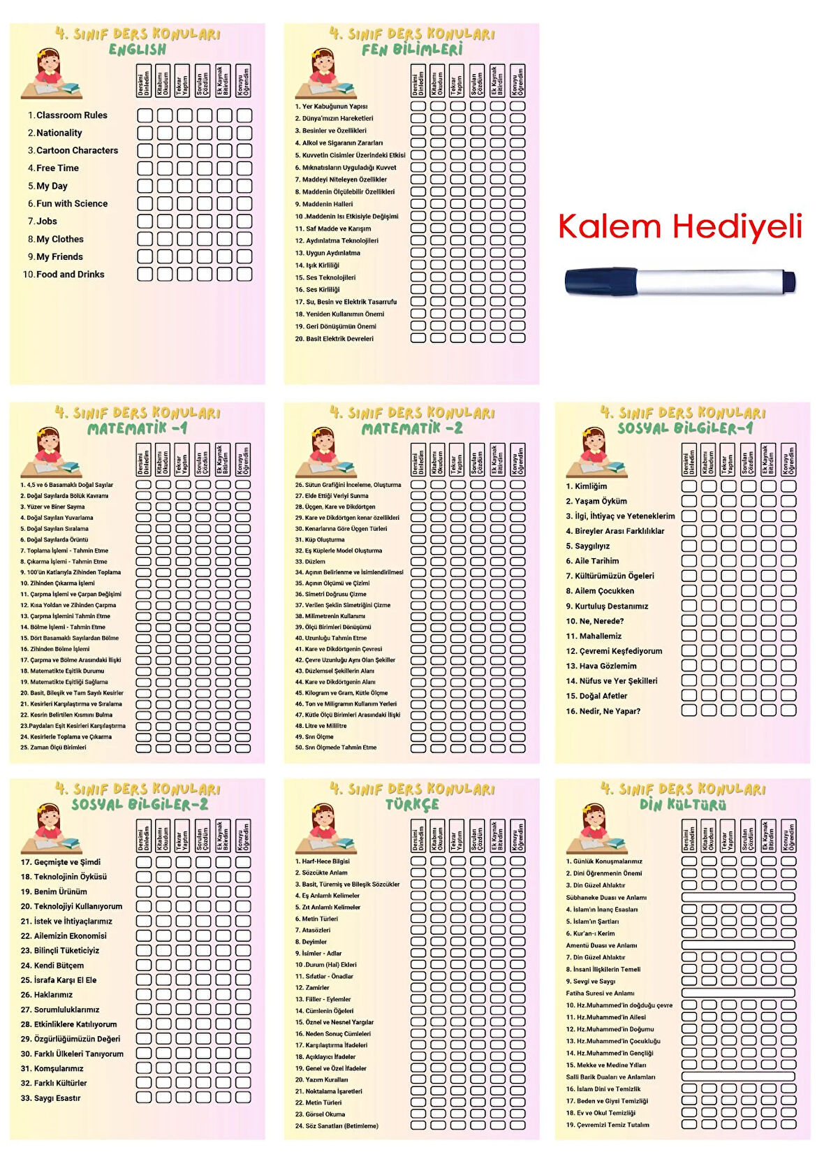 İlkokul 4.Sınıf Ders Takip Programı - Kalem Hediyeli (Kız)