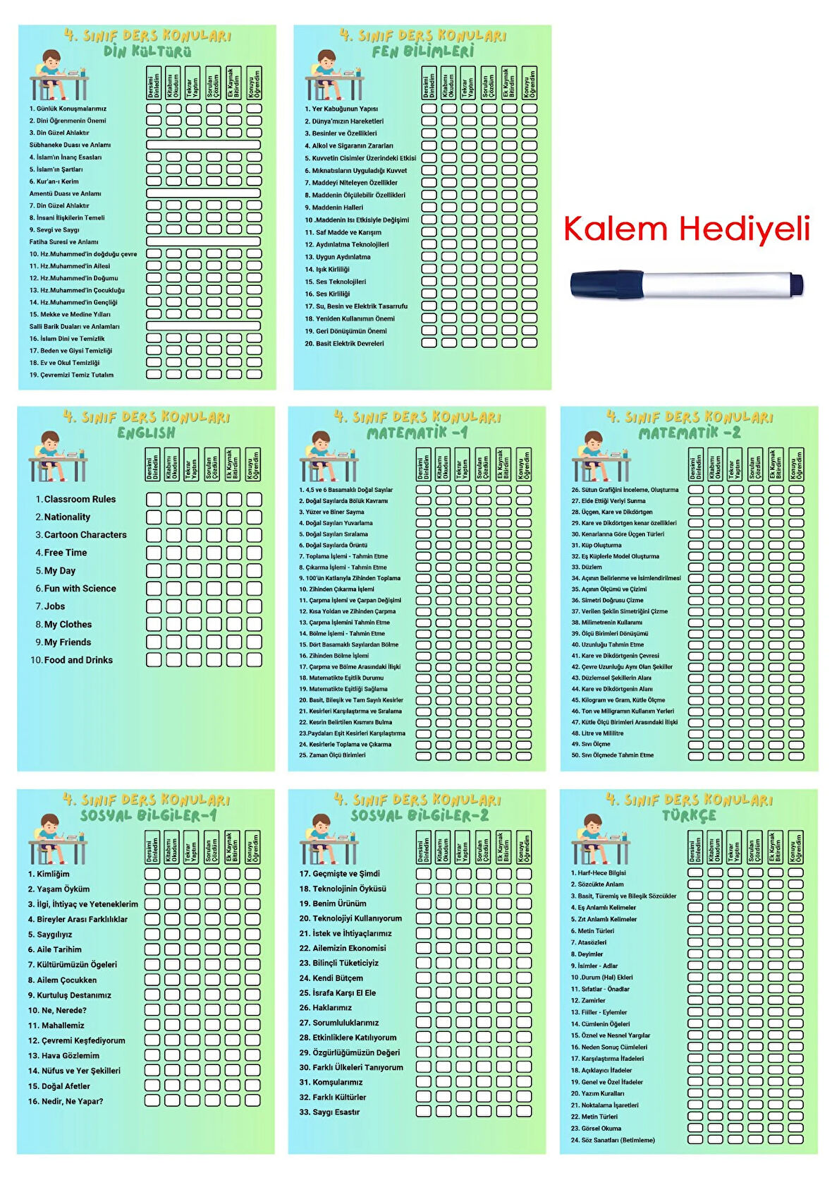 İlkokul 4.Sınıf Ders Takip Programı - Kalem Hediyeli (Erkek)