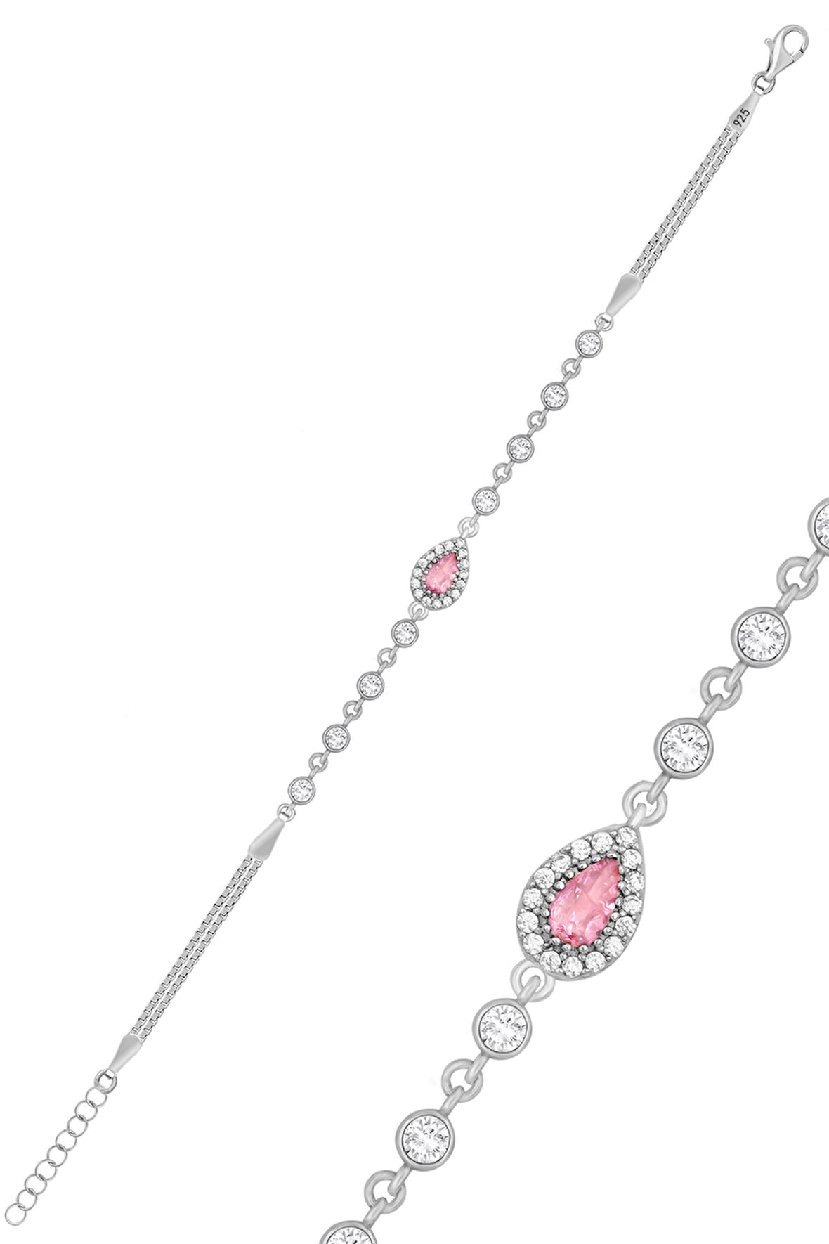 Gümüş Pembe Zirkon Taşlı Bileklik Küp Zincirli Bileklik ST056