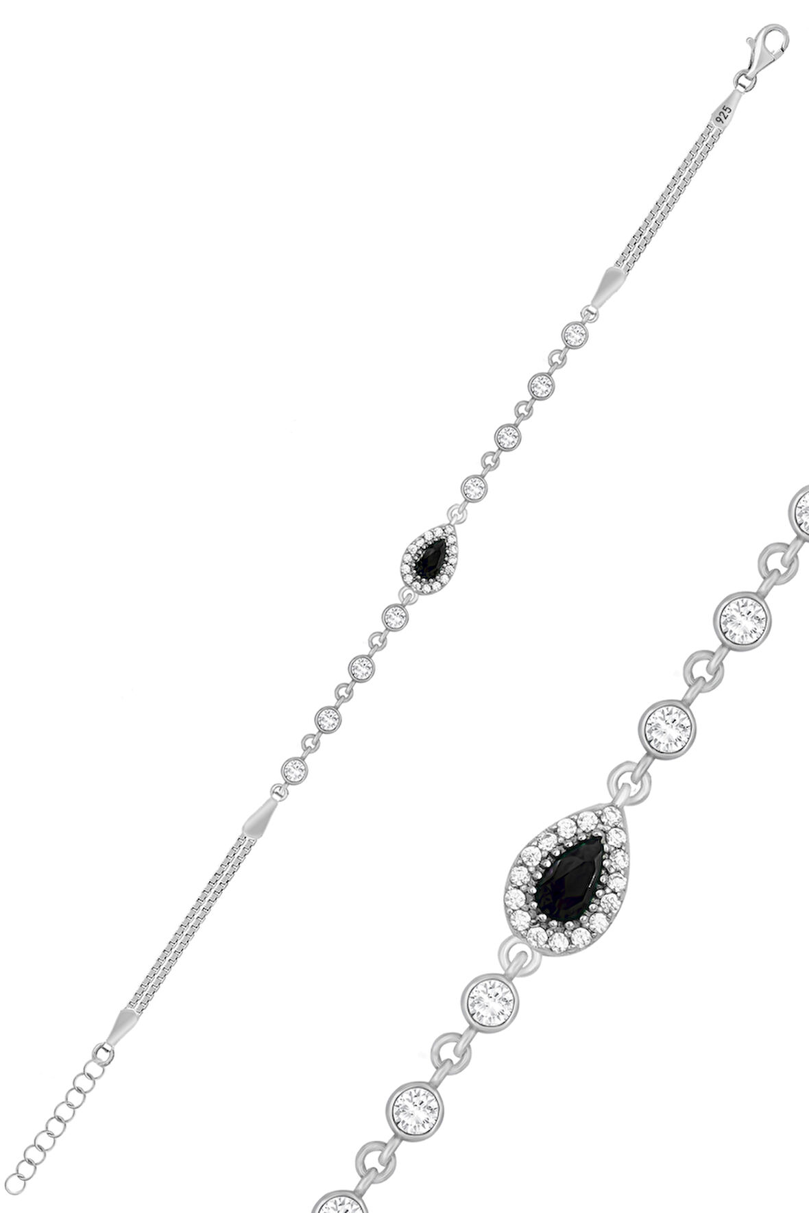 Gümüş Oniks Taşlı Bileklik Rodyumlu Küp Zincirli Bileklik ST057