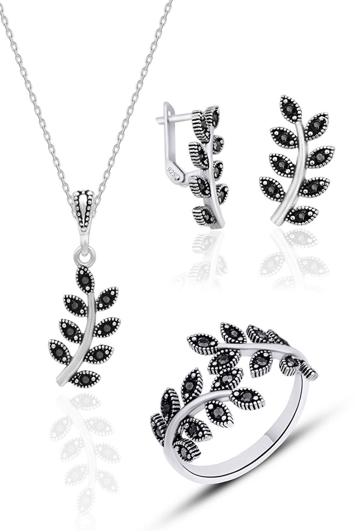 Gümüş Markazit Set Yaprak Modeli Gümüş Üçlü Set 925 Ayar ST128