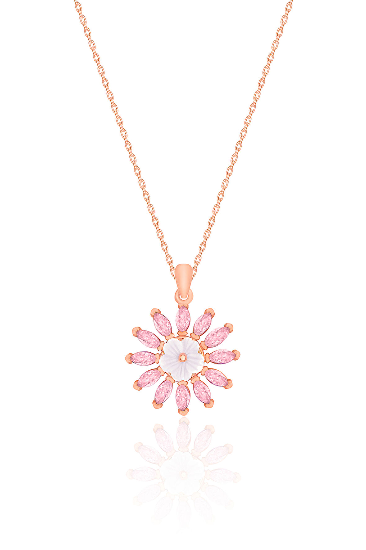 Gümüş Rose Pembe Zirkon Taşlı Manolya Çiçeği Kolye 925 Ayar ST203