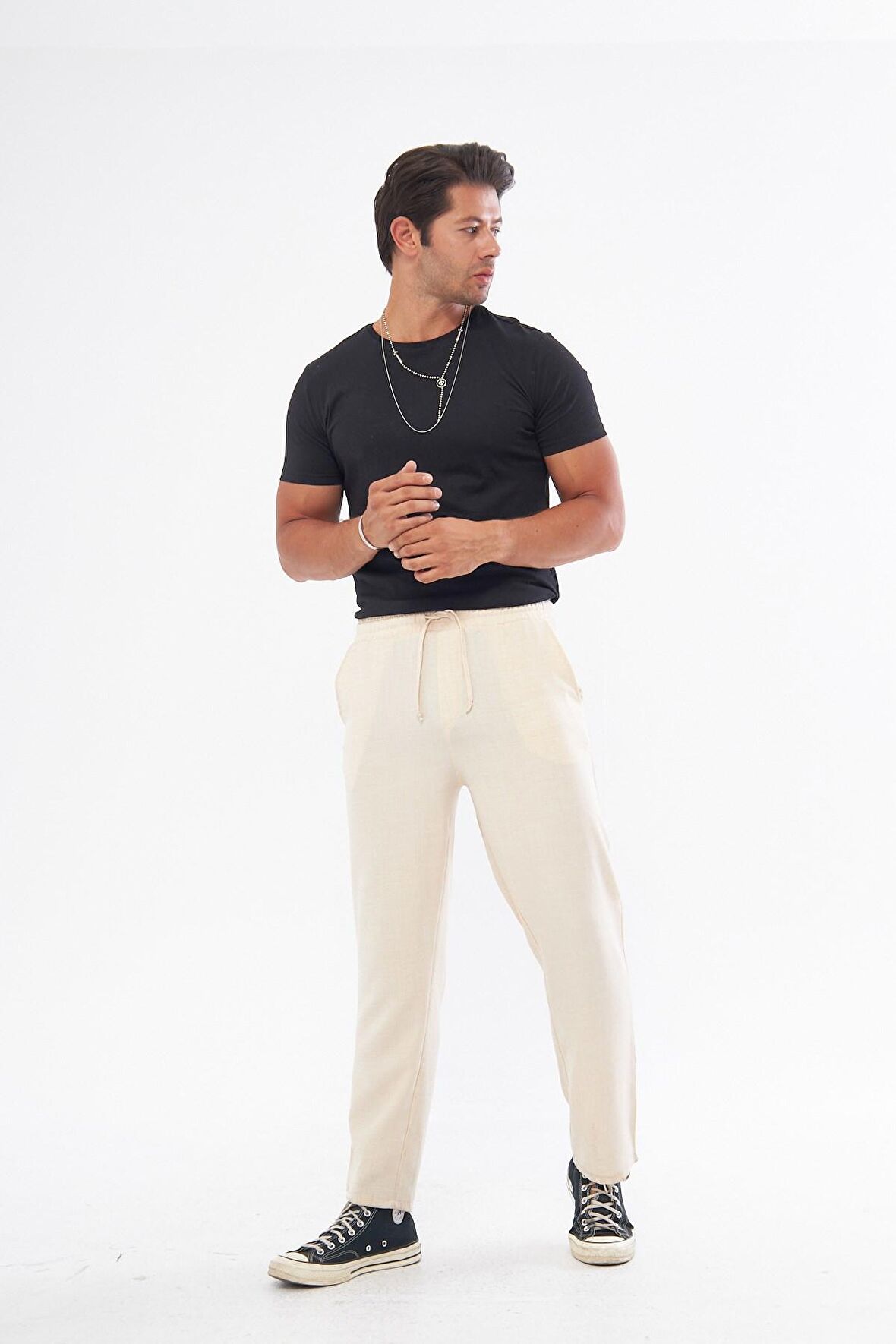 Keten Görünümlü Dökümlü Beli Lastikli Ekru Pantolon