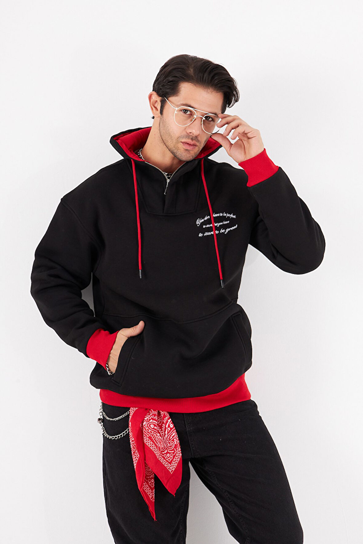 You Dont Have To Be Perfect Yazılı Kapüşonlu Bağcık Detaylı Fermuar Kapamalı Oversize Sweatshirt