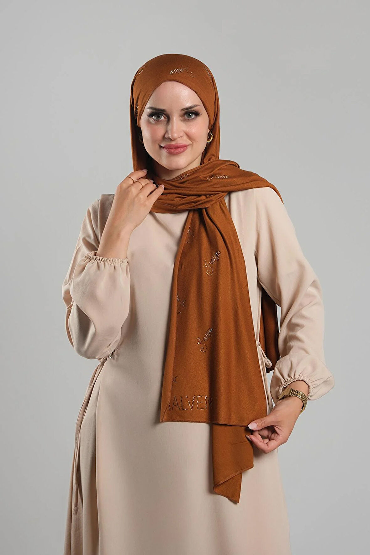 Taba Kristal Taşlı Şal Viskon Sümbül Çiçek Desenli 202117_33