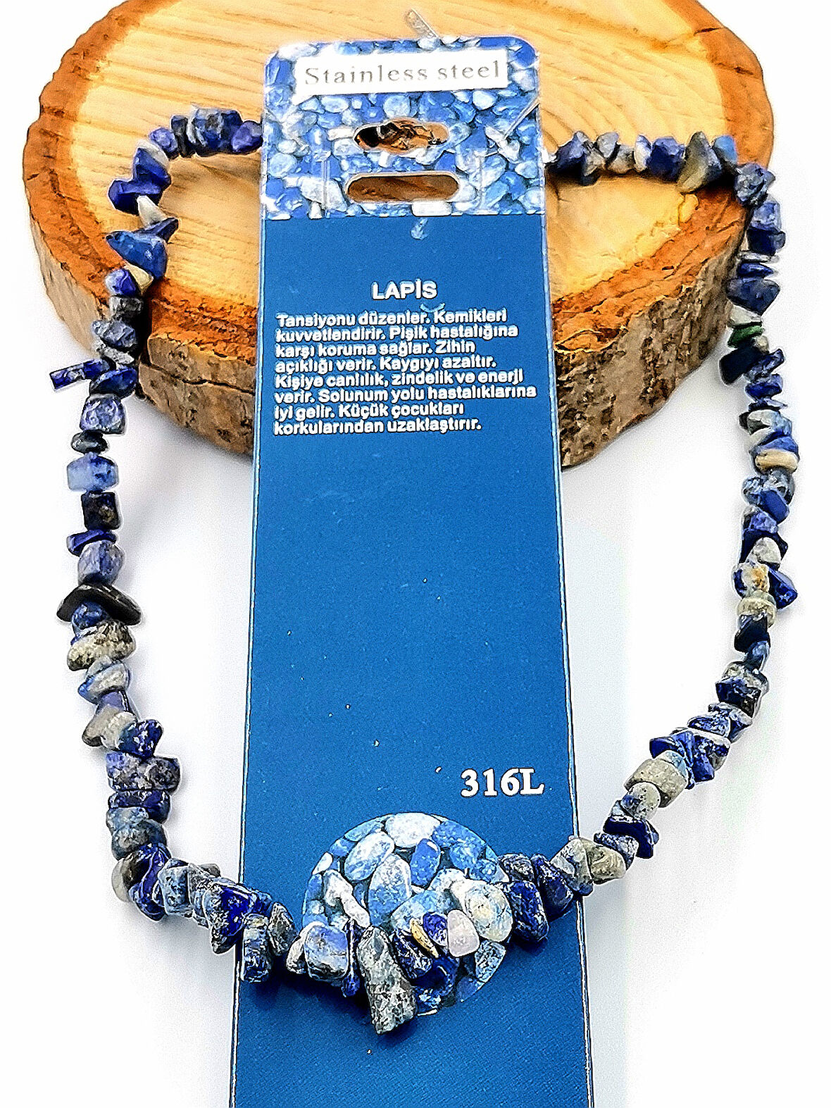 'LAPİS'' Doğal Taş Çelik Zincirli Lüks Kolye
