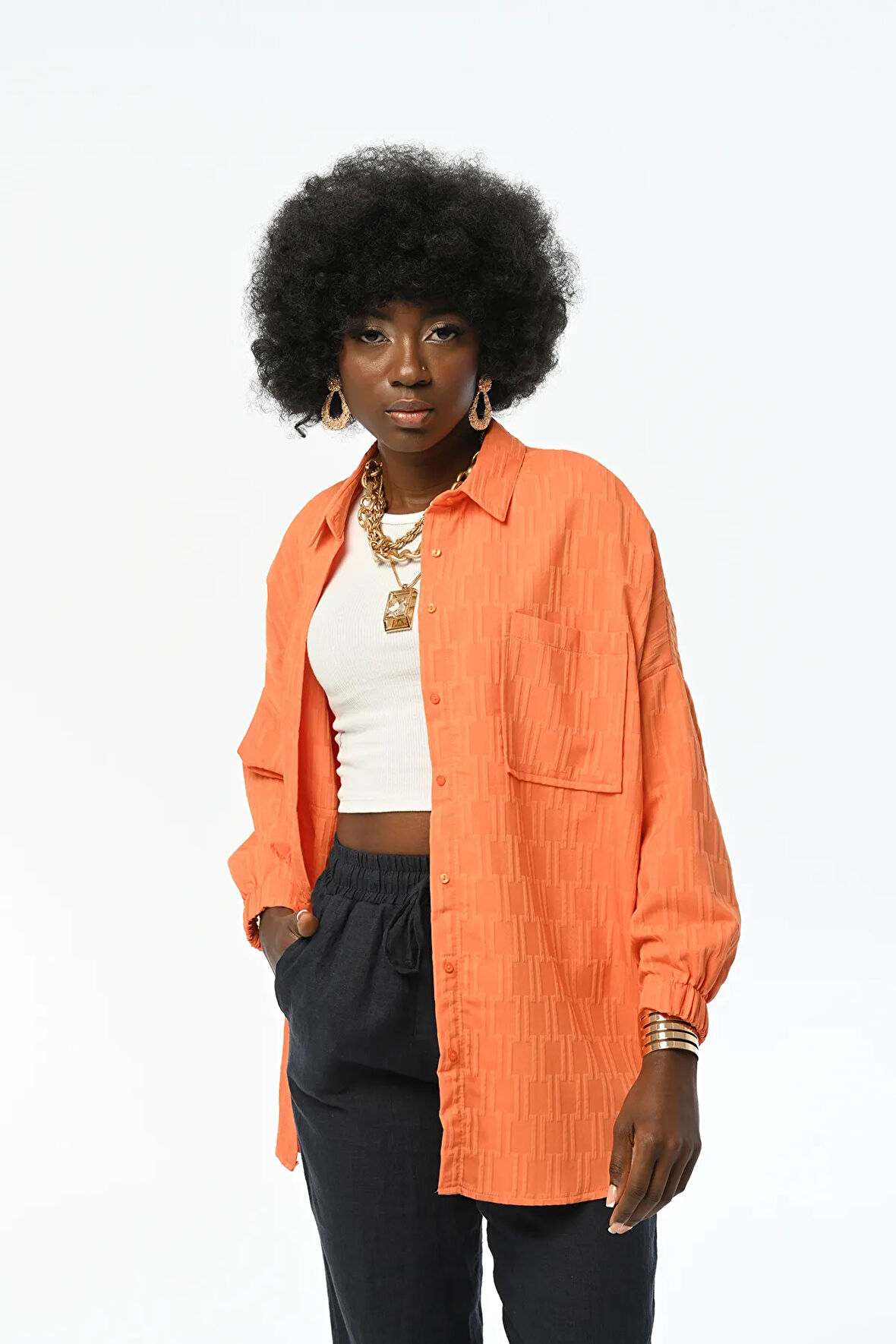 KADIN KOLLARI BÜZGÜLÜ DESENLİ OVERSIZE SARI GÖMLEK