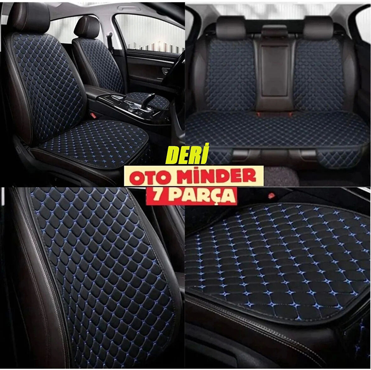 Mini Mini Koltuk Deri Minderi 7 Parça Ön ve Arka Oturak Sırt Dayama Minder Siyah-Mavi