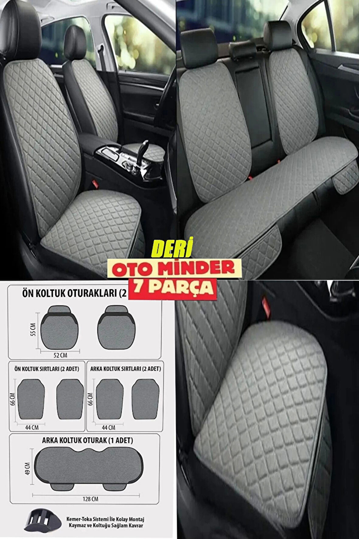 Skoda Roomster Koltuk Deri Minderi 7 Parça Ön Ve Arka Oturak Sırt Dayama Minder Gri-Gri