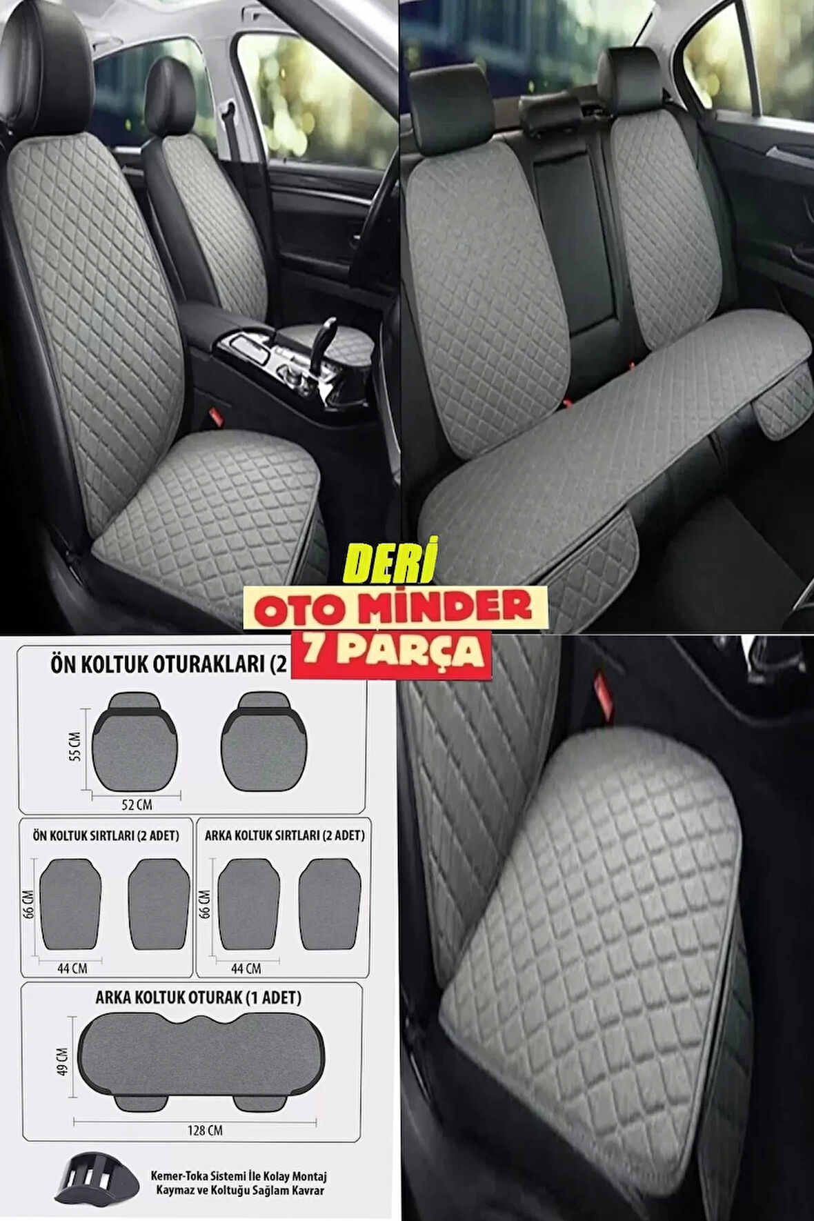 Dacia Sandero Koltuk Deri Minderi 7 Parça Ön Ve Arka Oturak Sırt Dayama Minder Gri-Gri