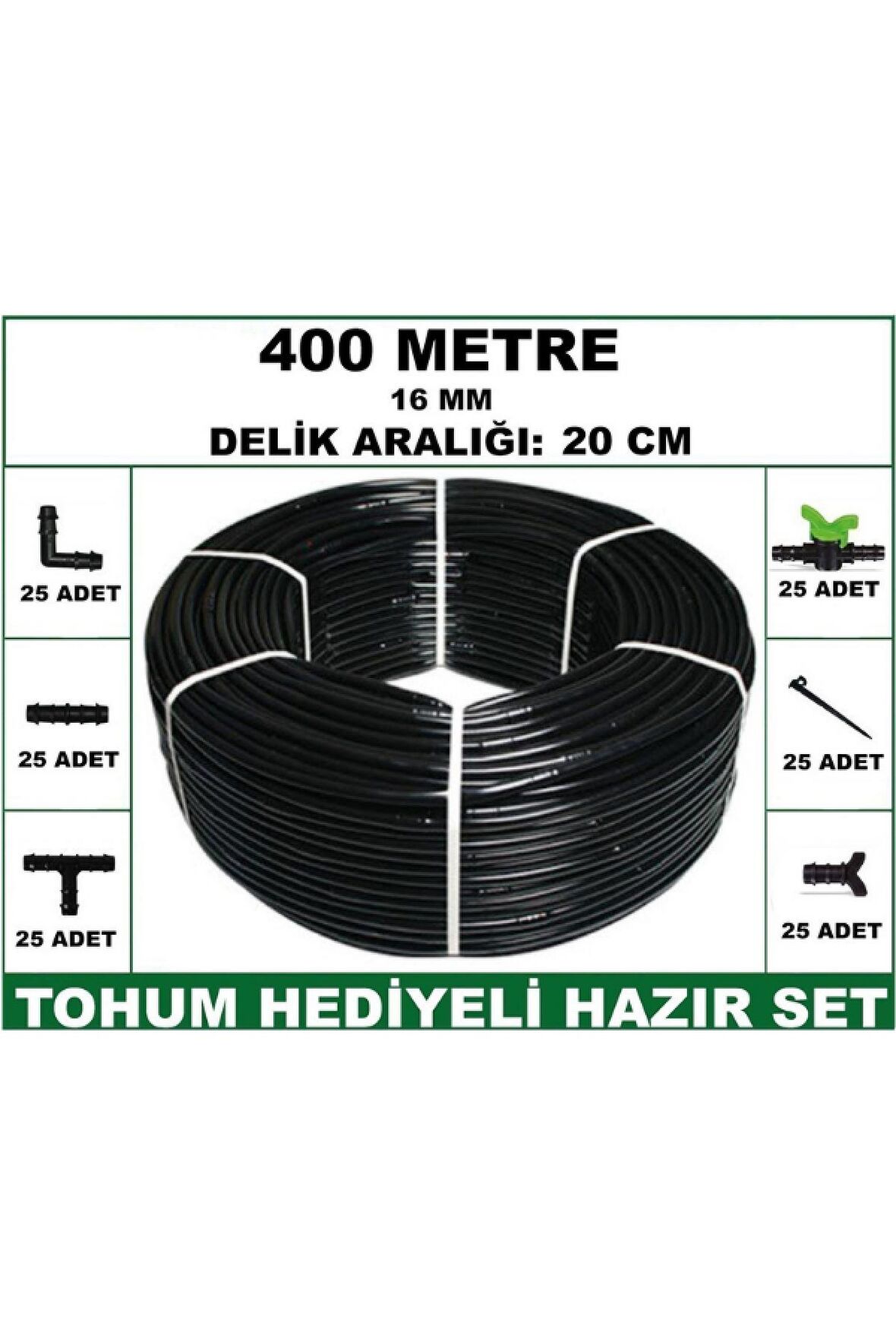 16 mm Delikli 400 mt 20 cm Bahçeniz İçin İdeal Damla Sulama Hortumu -Tohum Hediye- Hazır SET 25'li