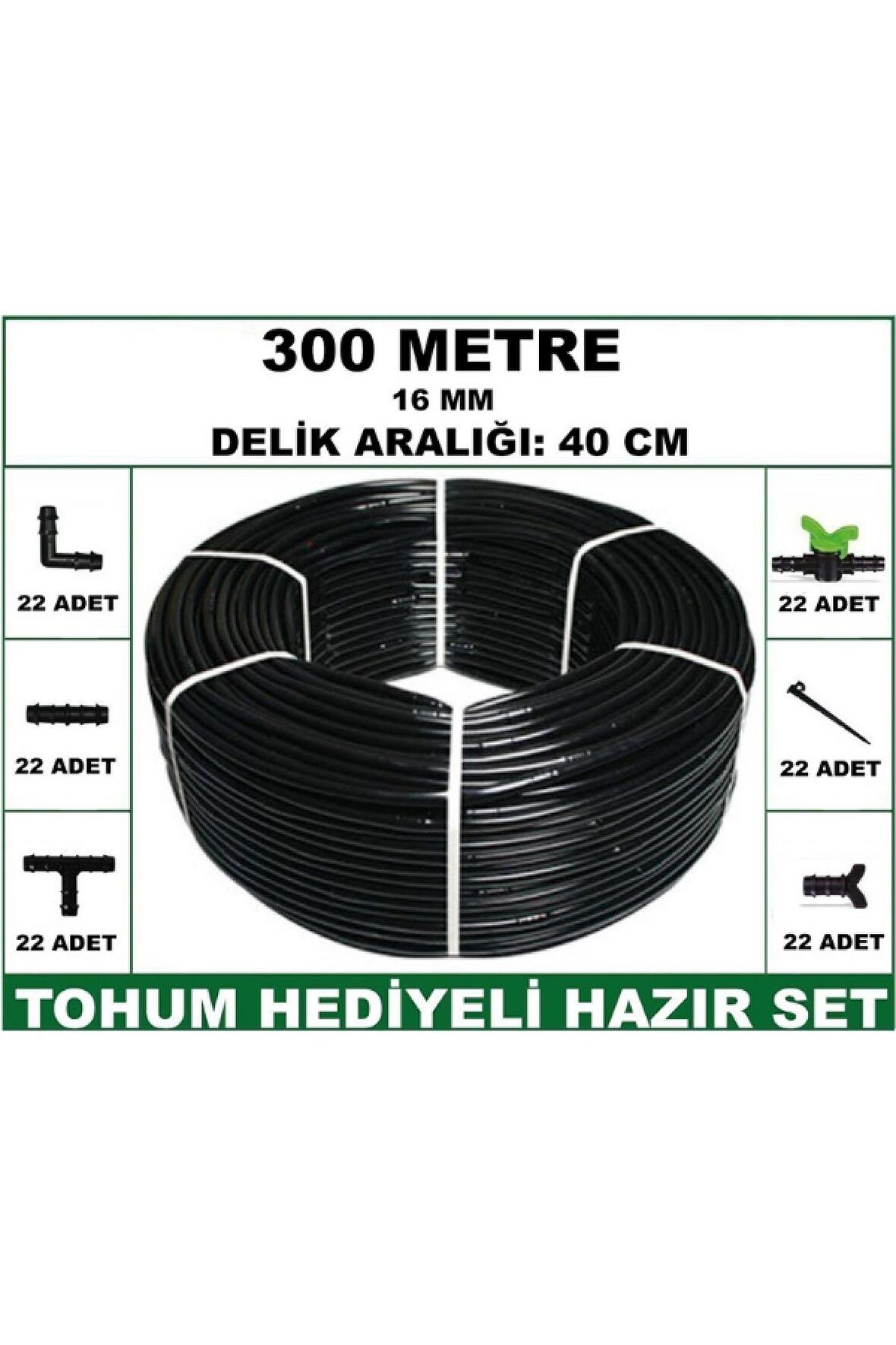 16 mm Delikli 300 mt 40 cm Bahçeniz İçin İdeal Damla Sulama Hortumu -Tohum Hediye- Hazır SET 22'li