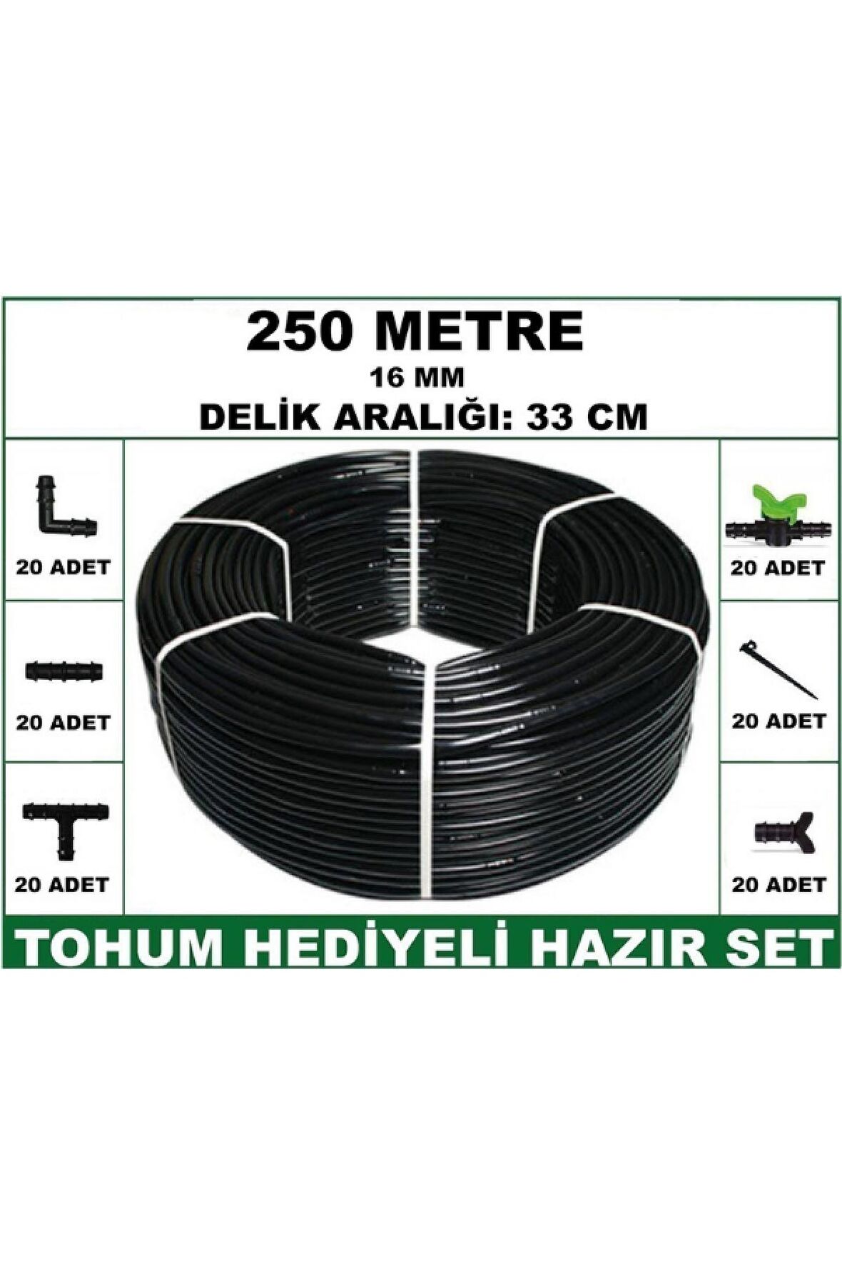 16 mm Delikli 250 mt 33 cm Bahçeniz İçin İdeal Damla Sulama Hortumu -Tohum Hediye- Hazır SET 20'li