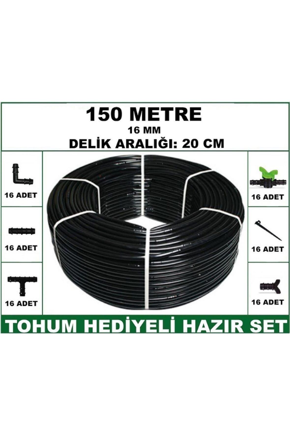 16 mm Delikli 150 mt 20 cm Bahçeniz İçin İdeal Damla Sulama Hortumu -Tohum Hediye- Hazır SET 16'lı