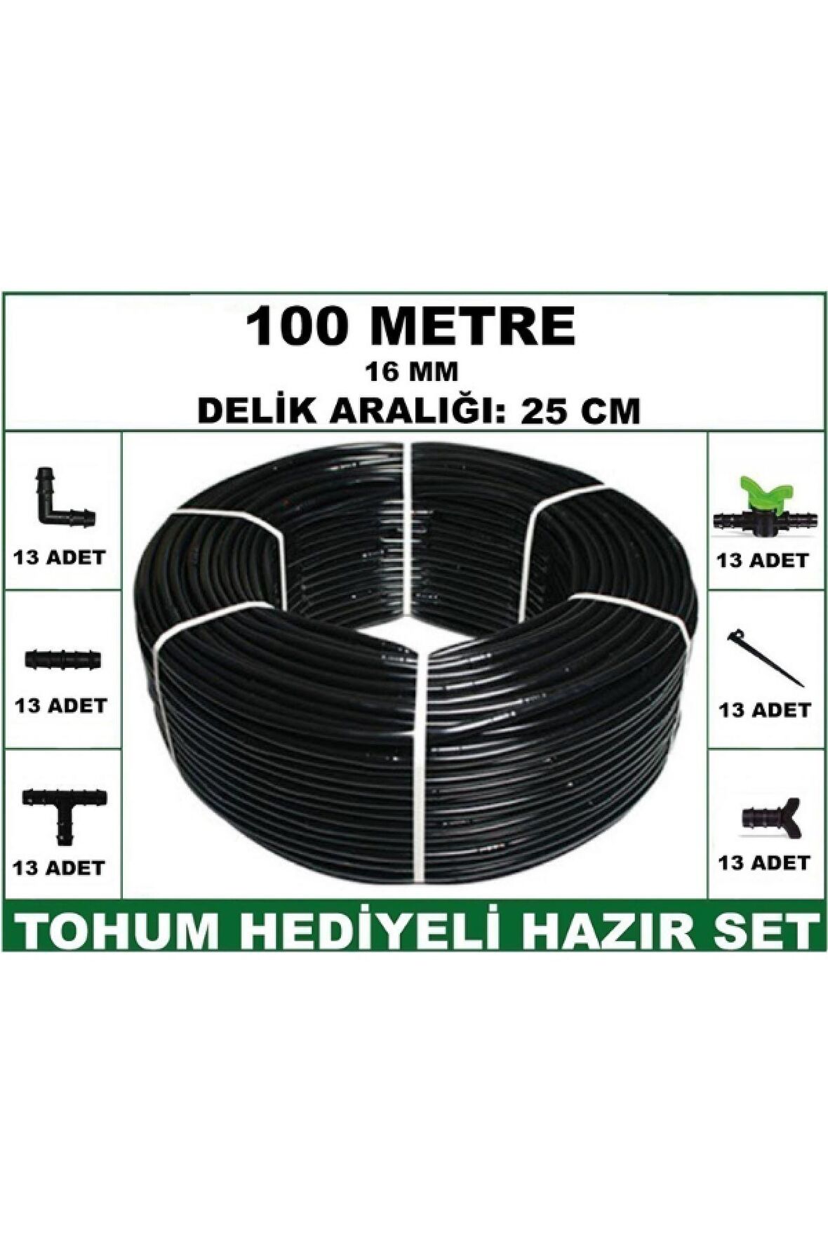 16 mm Delikli 100 mt 25 cm Bahçeniz İçin İdeal Damla Sulama Hortumu -Tohum Hediye- Hazır Set 13'lü