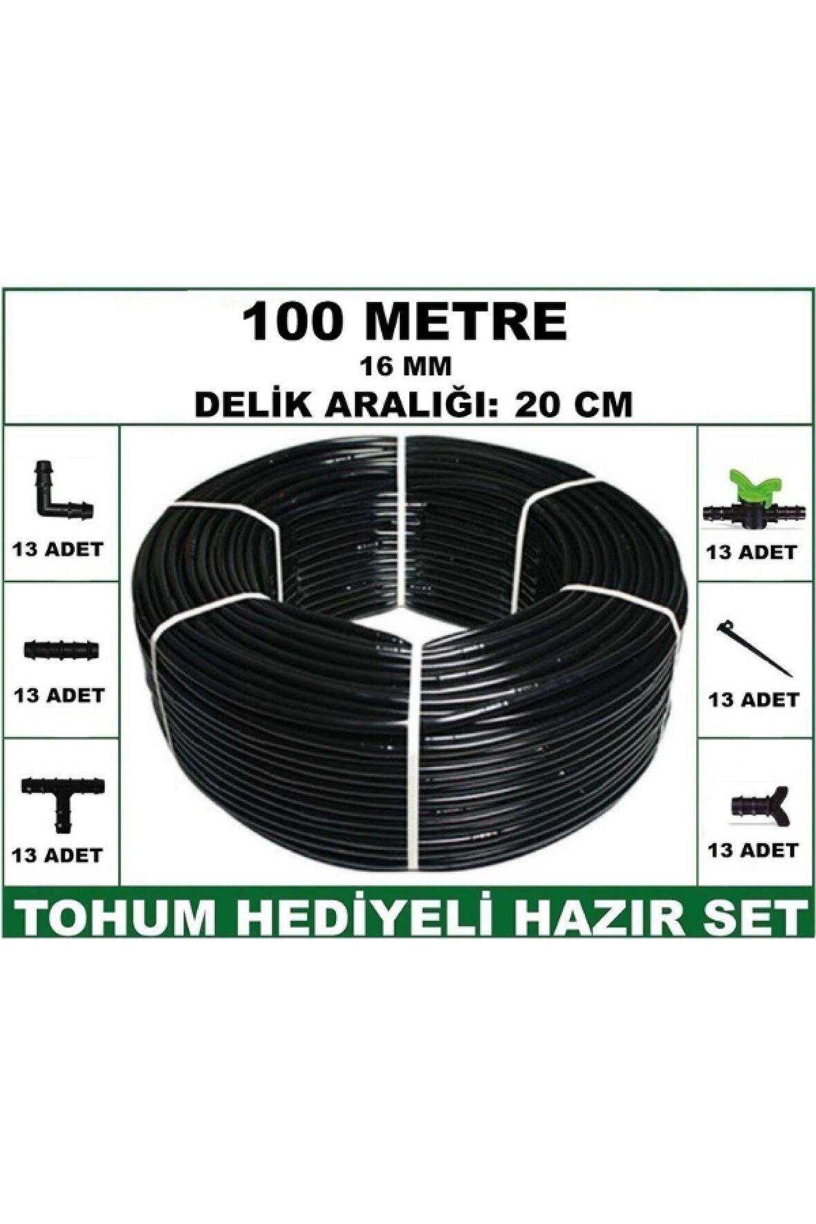 16 mm Delikli 100 mt 20 cm Bahçeniz İçin İdeal Damla Sulama Hortumu -Tohum Hediye- Hazır SET 13'lü