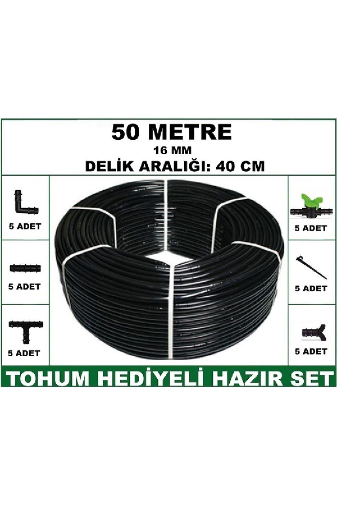 16 mm Delikli 50 mt 40 cm Bahçeniz İçin İdeal Damla Sulama Hortumu -Tohum Hediye- Hazır SET 5'li