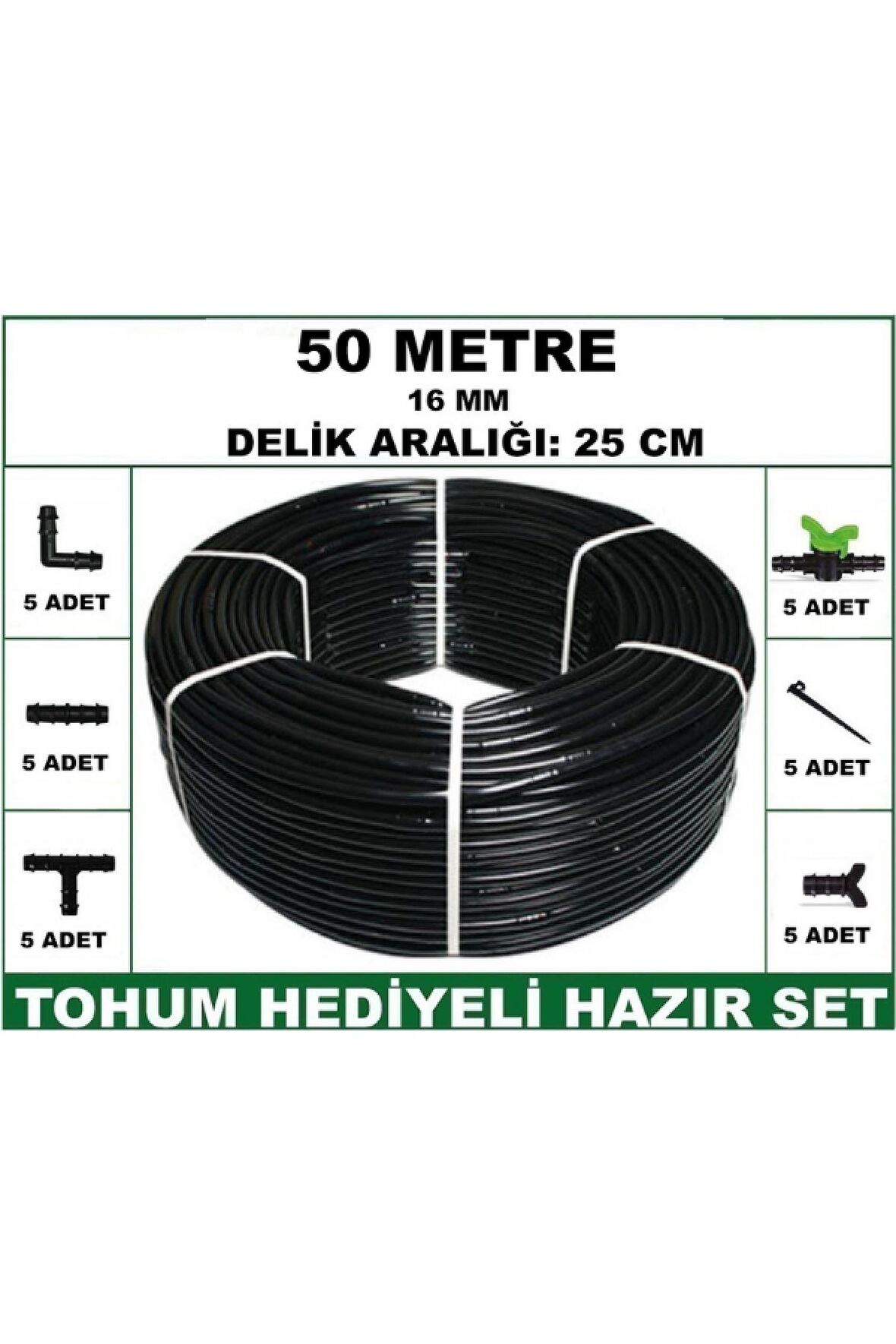 16 mm Delikli 50 mt 25 cm Bahçeniz İçin İdeal Damla Sulama Hortumu -Tohum Hediye- Hazır SET 5'li
