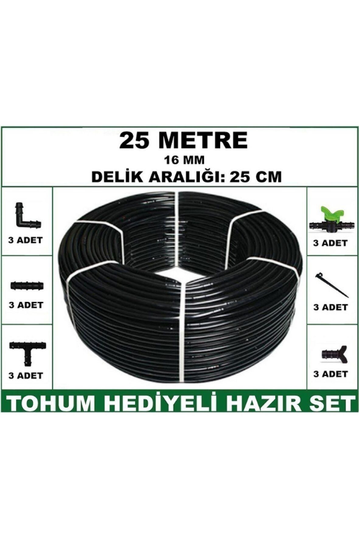 16 mm Delikli 25 mt 25 cm Bahçeniz İçin İdeal Damla Sulama Hortumu -Tohum Hediye- Hazır SET 3'lü