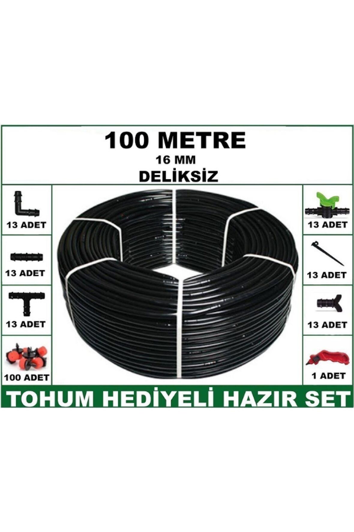 16 mm Deliksiz 100 mt Bahçeniz İçin İdeal Damla Sulama Hortumu -Tohum Hediye- Hazır SET 13'lü