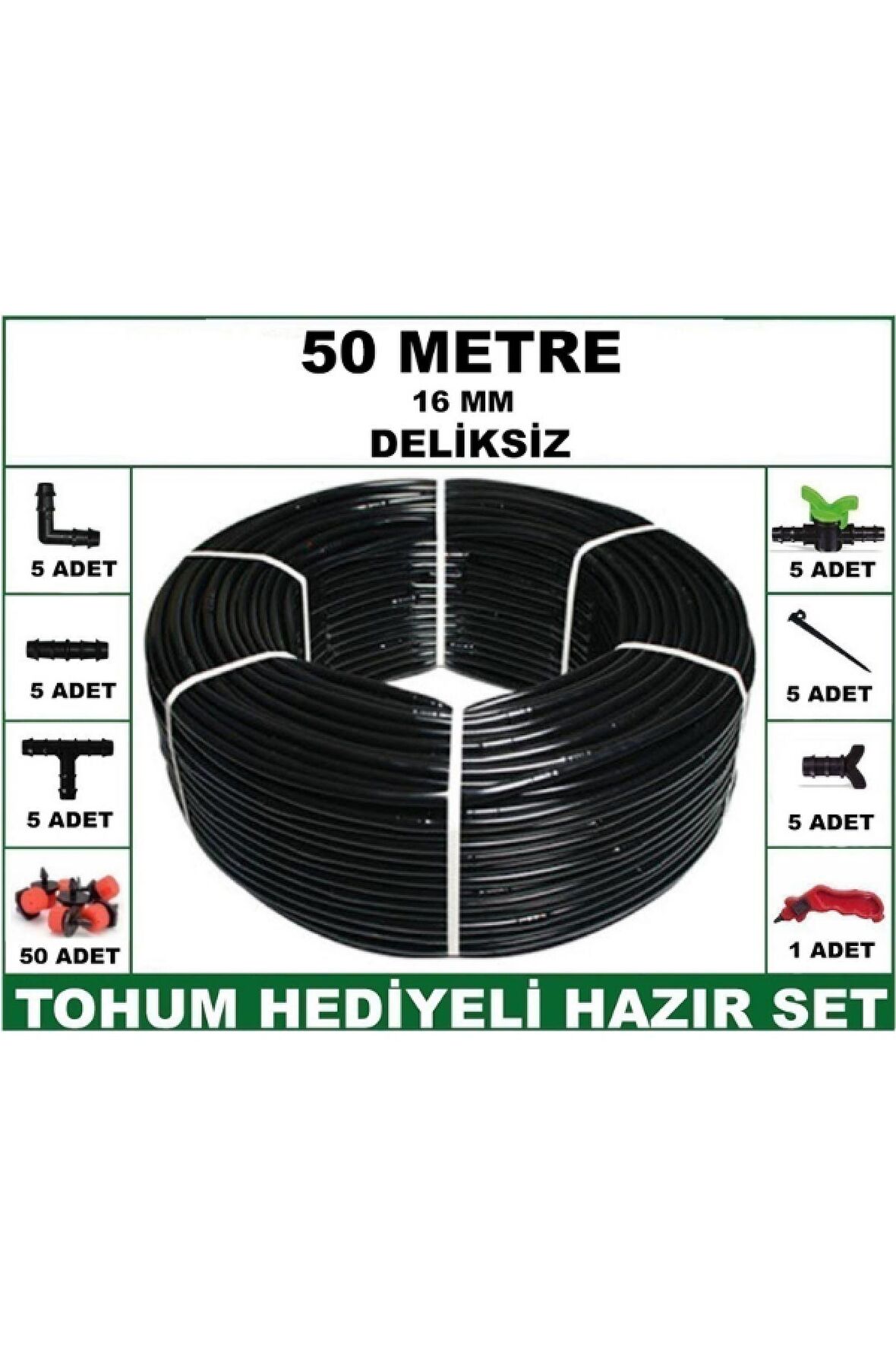 16 mm Deliksiz 50 m Bahçeniz İçin İdeal Damla Sulama Hortumu -Tohum Hediye- Hazır Set 5'li